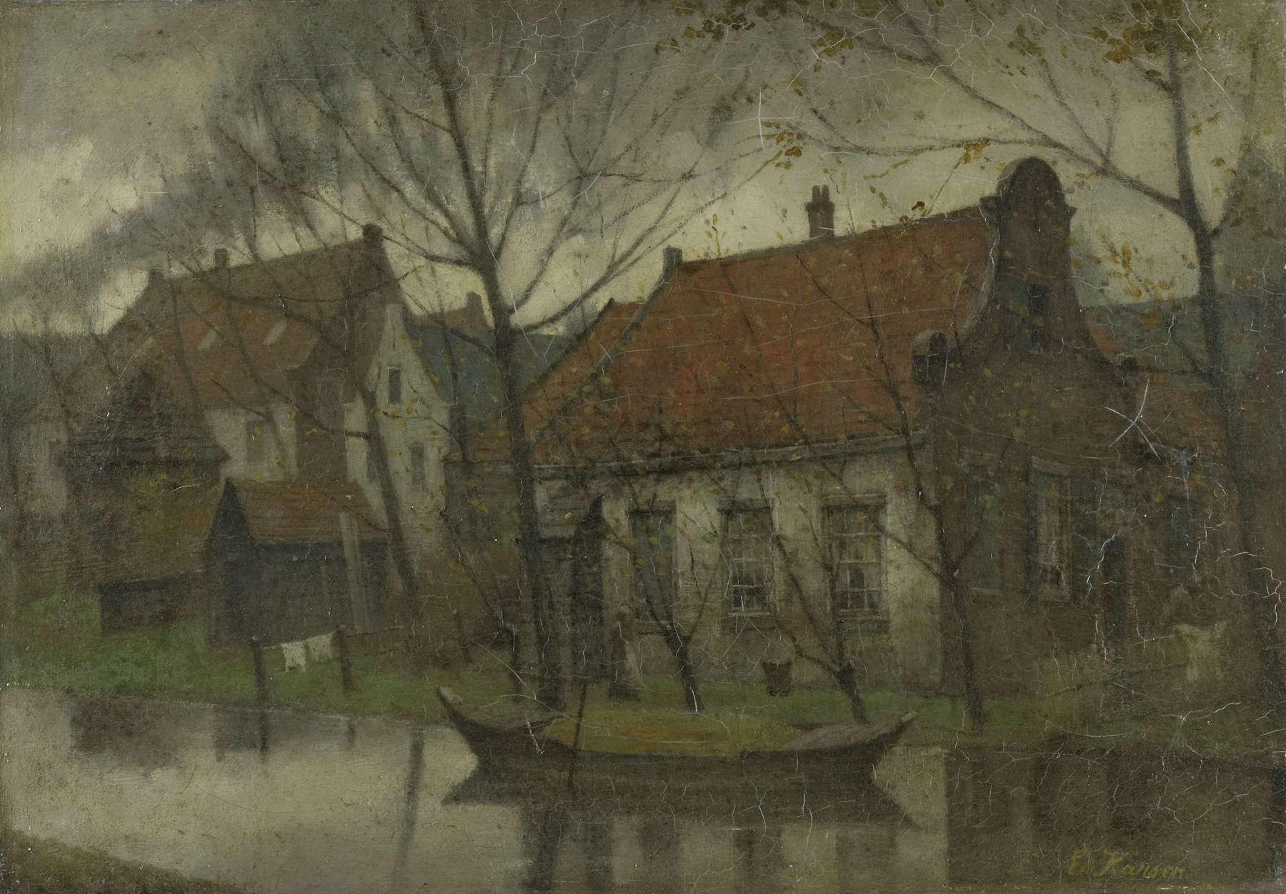 Oil painting by Eduard Karsen depicting a village with golden light and greenery.