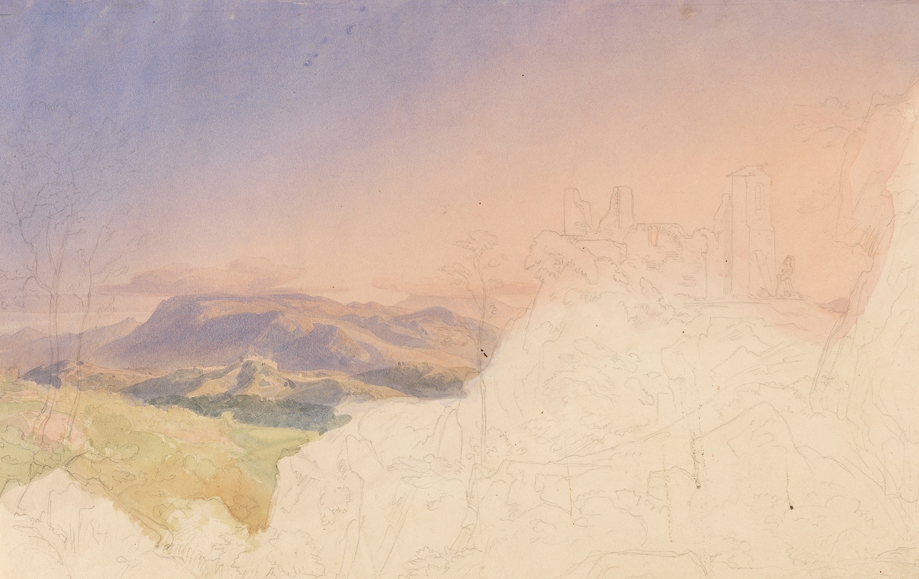 Landscape Study 3 by Ernst Fries, oil on canvas depicting distant hills and greenery.