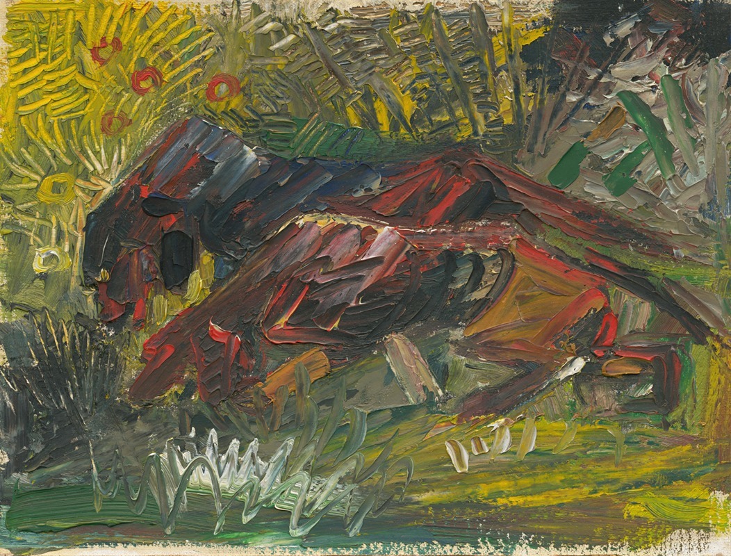 A depiction of hunting dogs in a natural setting.