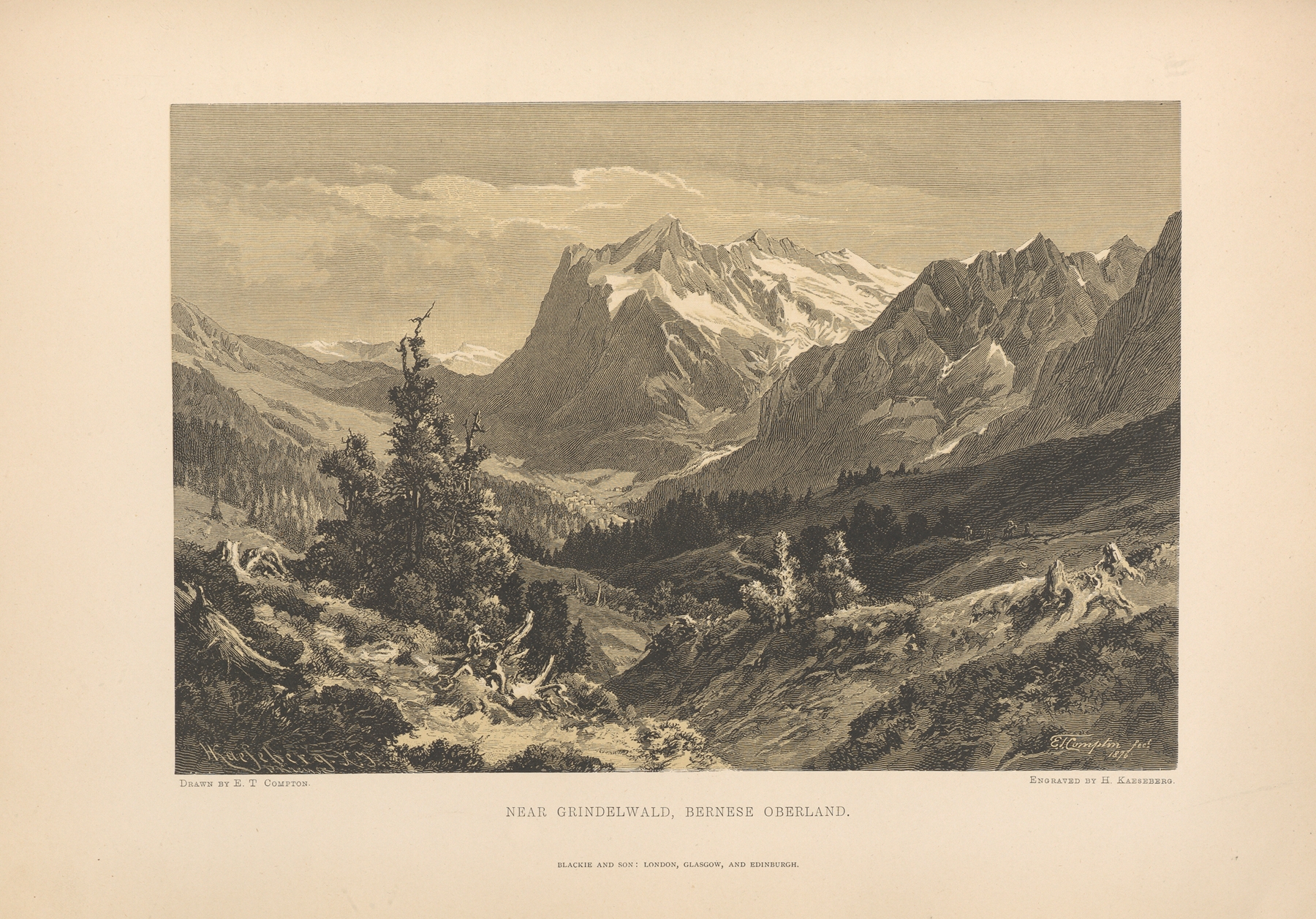 Near Grindelwald, Bernese Oberland by Theodor Gsell Fels, oil painting depicting misty mountains.