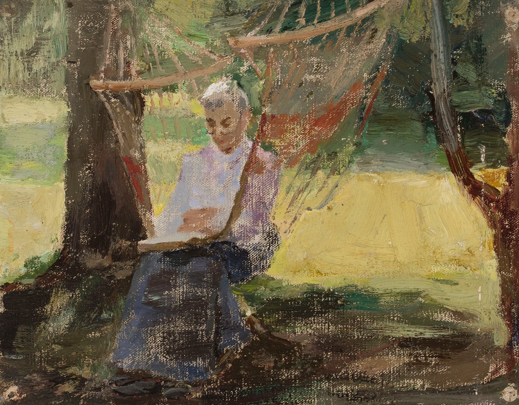 A portrait of Maria Rubtsov lounging in a hammock, painted by Jan Ciągliński.