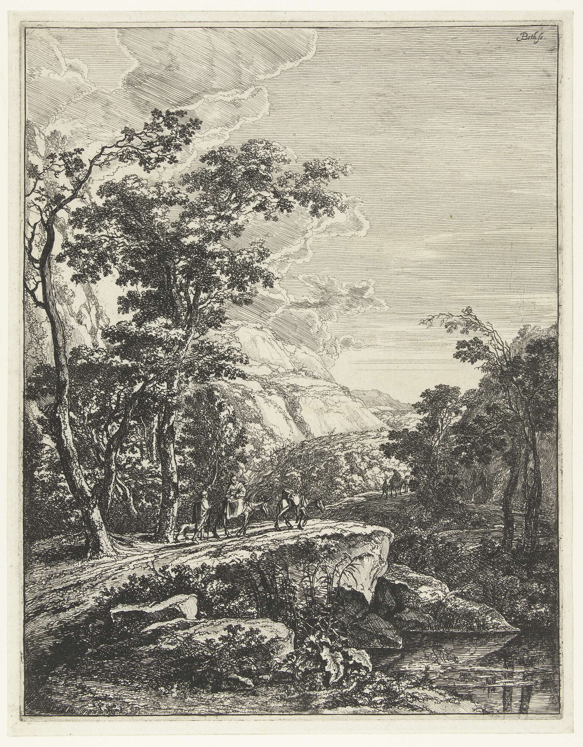 Landschap met vrouw rijdend op een muilezel langs de Aqua Negro, etching by Jan Both