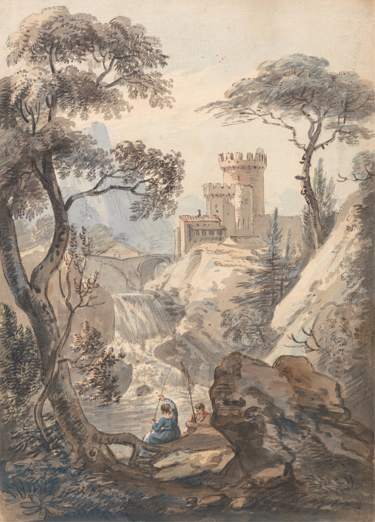 Italianate Landscape with Castle, Cascade and Anglers, by Paul Sandby, public domain