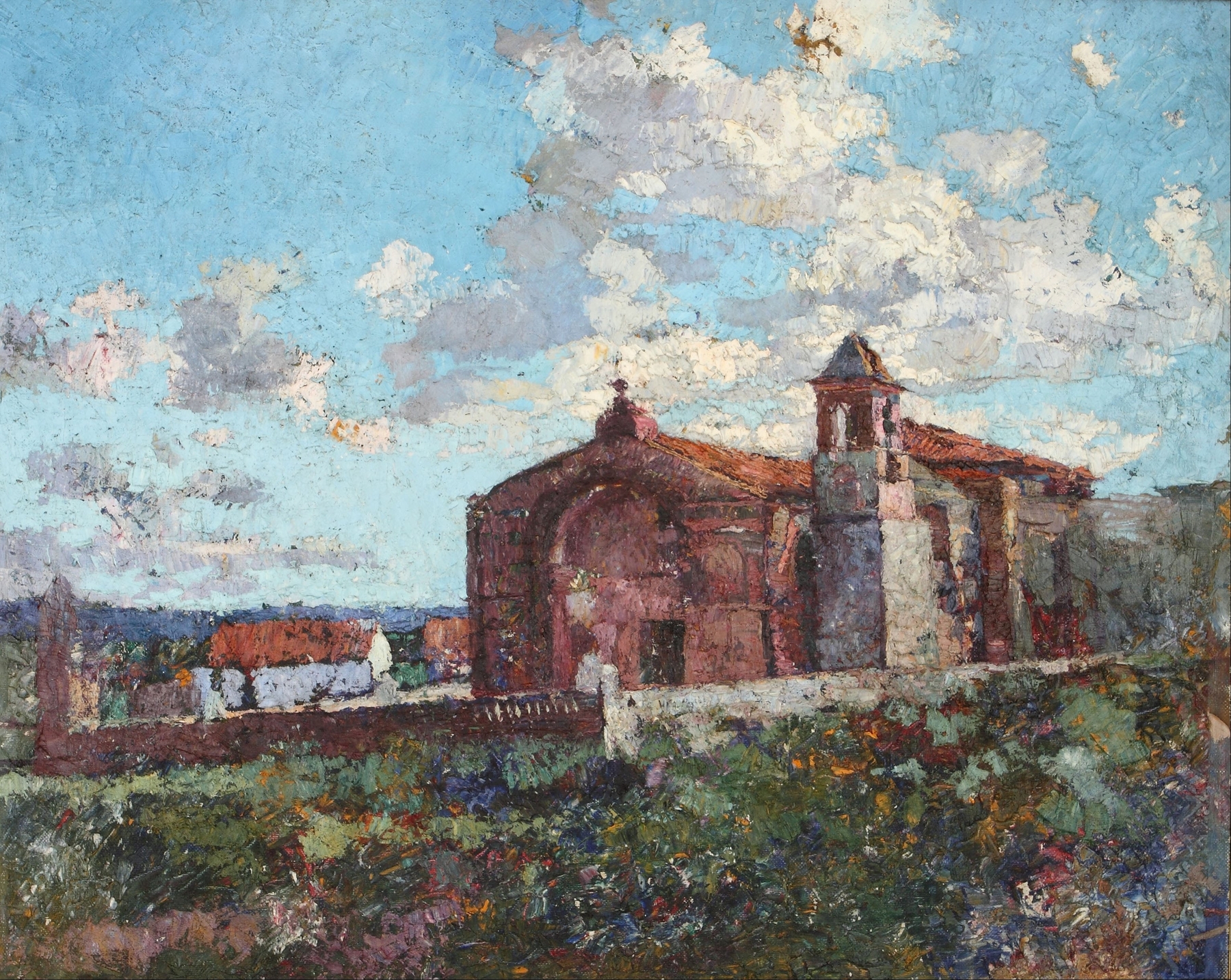 Capilla de Ischilín, oil on canvas by Fernando Fader, depicting a church amid mountains and golden light