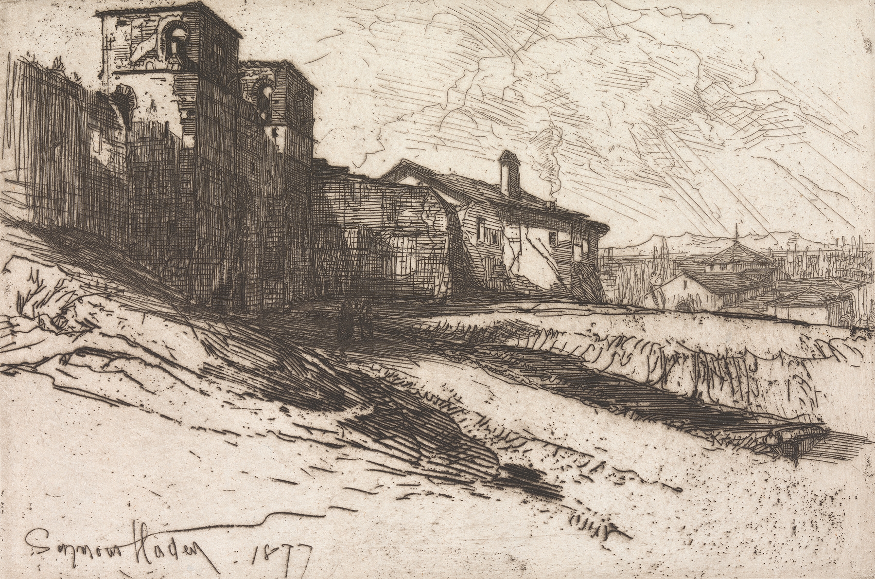 Landscape etching by Francis Seymour Haden depicting a barren scene with muted earth tones.