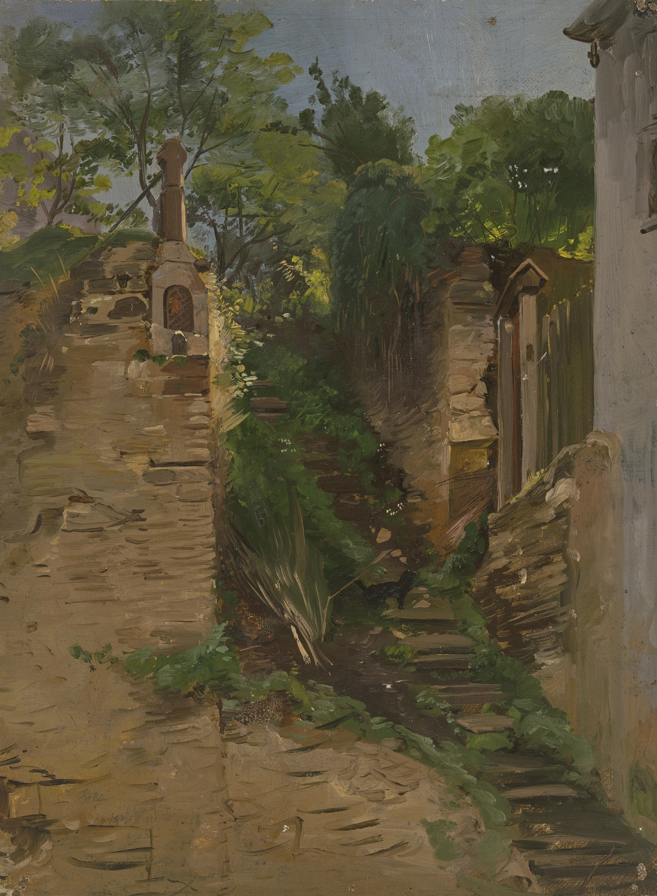Landscape with a stone staircase between walls, by Jakob Becker, realism