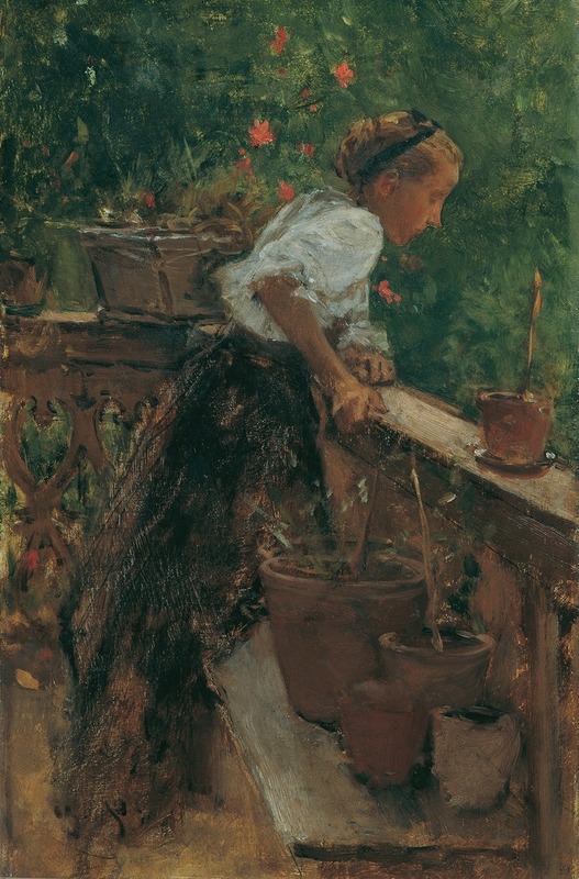 A young peasant girl stands on a balcony, gazing out with a serene expression.