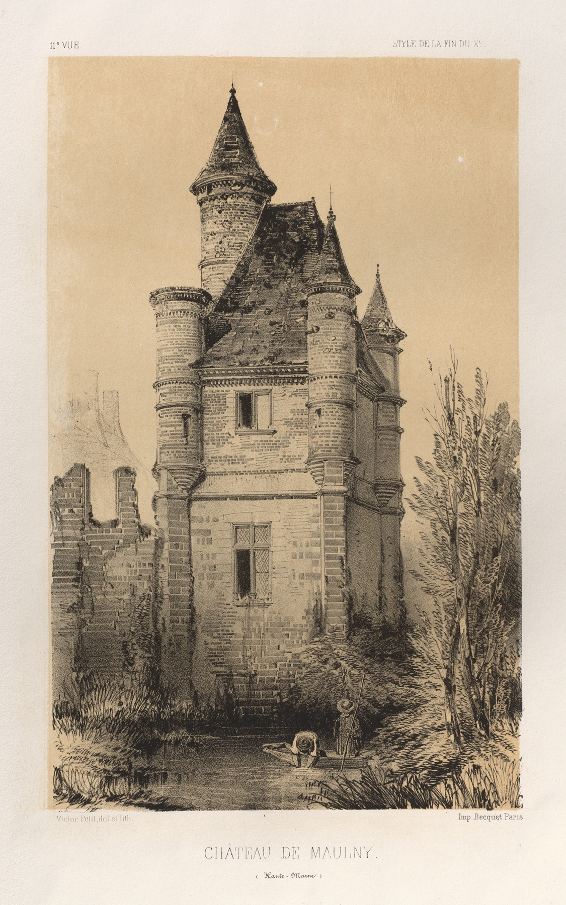 Chateau De Maulny by Victor Petit, depicting a château with sunlight and shadows, oil painting