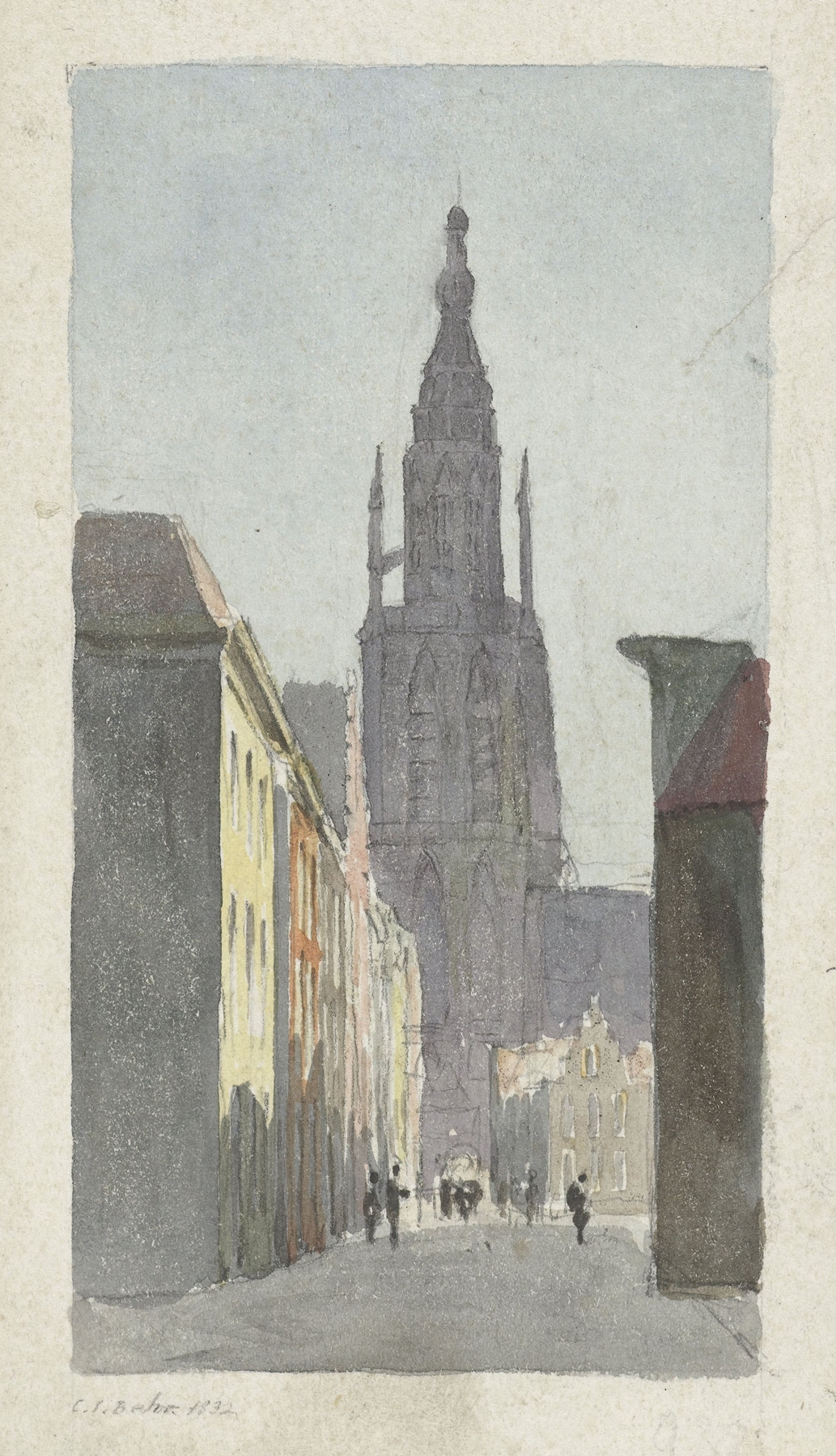 Oil painting by Carel Jacobus Behr depicting a street view of Grote Kerk.
