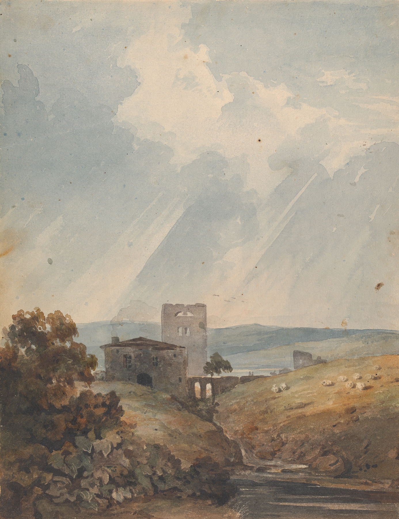 Landscape with Castle, Hills and Mountains, by Thomas Sully, public domain