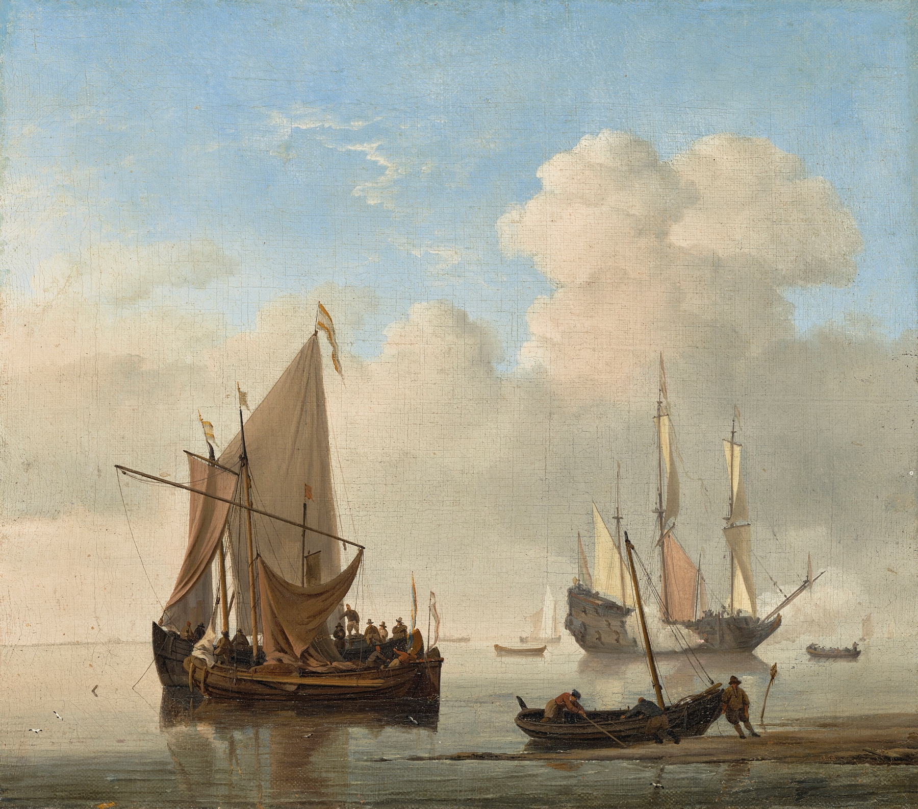 A Calm – A kaag alongside a smalschip at anchor, with a weyschuit being pushed off the shore and a man-of-war firing a salute beyond, by Willem van de Velde the Younger, public domain