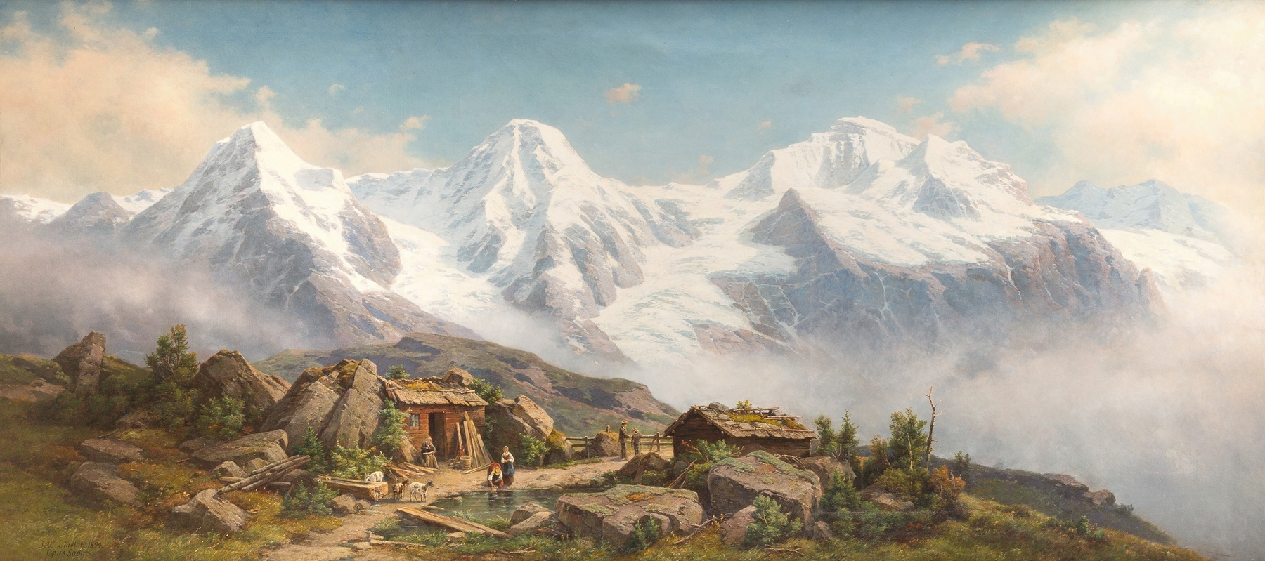 Snow-covered mountains Jungfrau, Moench and Eiger, oil painting by Johann Wilhelm Lindlar