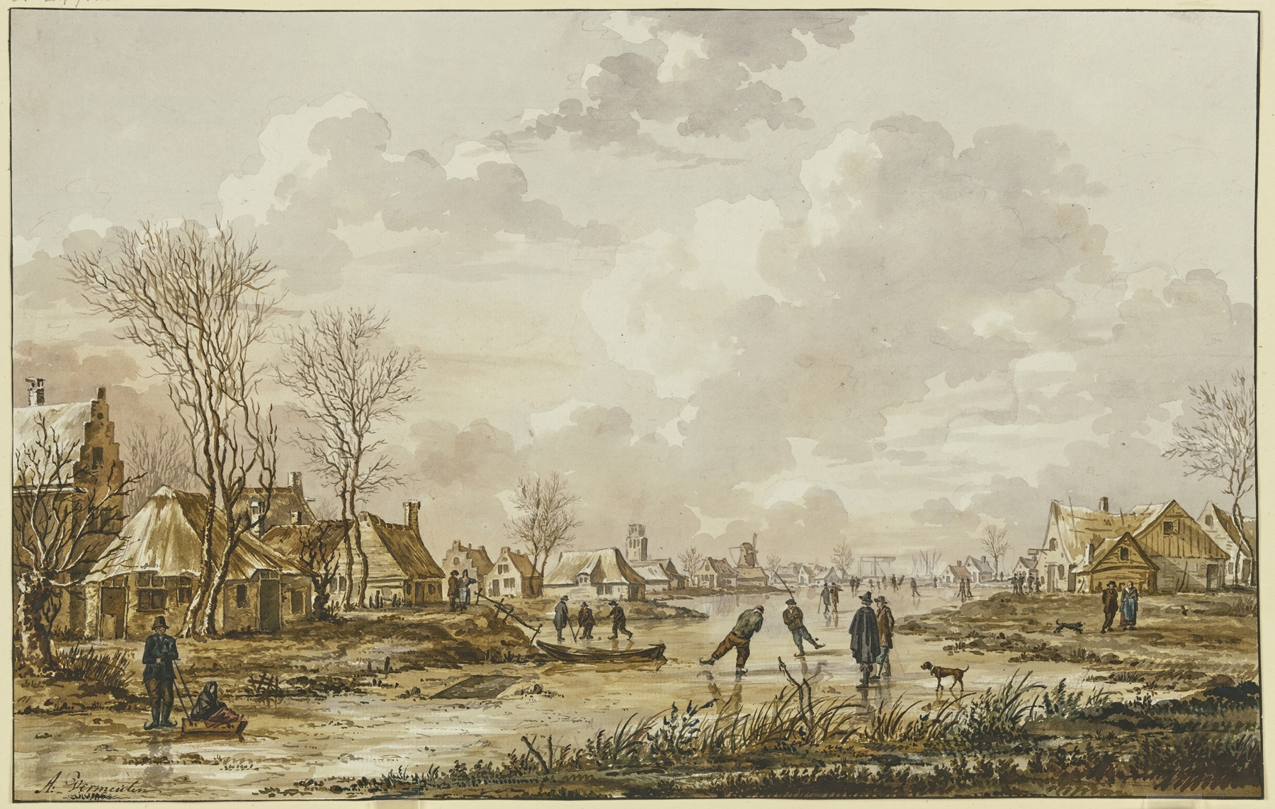 Winterlandschaft by Andries Vermeulen, depicting skaters on a frozen river, oil painting