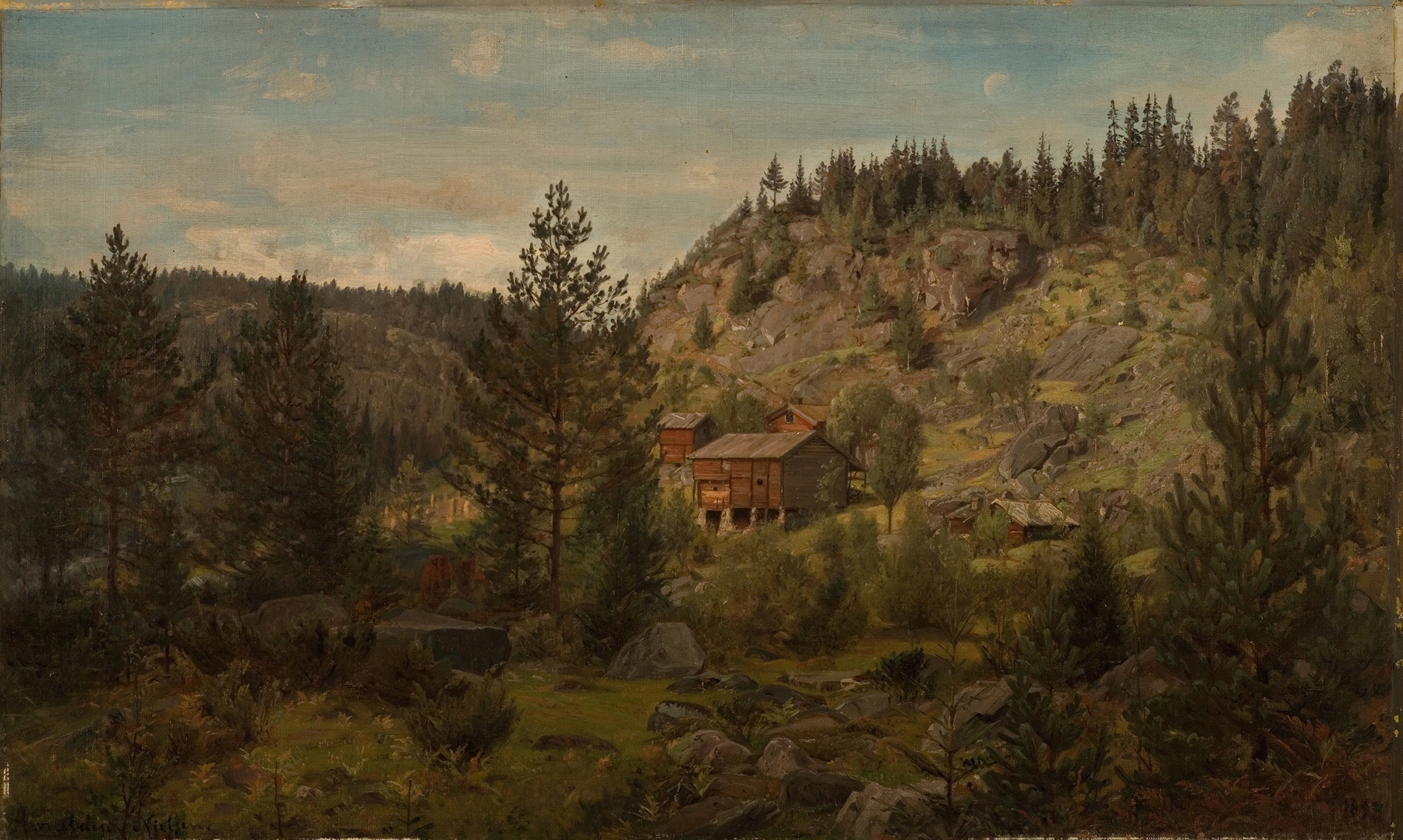 Aadal. Vinje, Telemark by Amaldus Nielsen, oil on canvas depicting mountains and a tranquil valley.