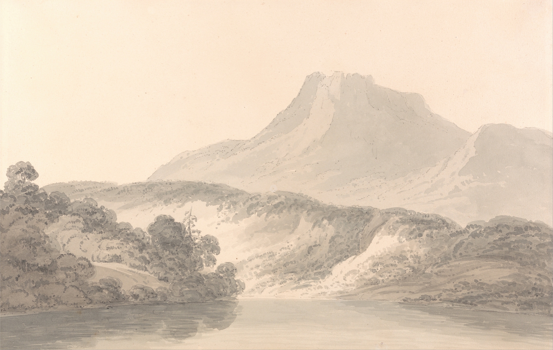 Oil painting by Dr. Thomas Monro depicting a tranquil lake with reflections.