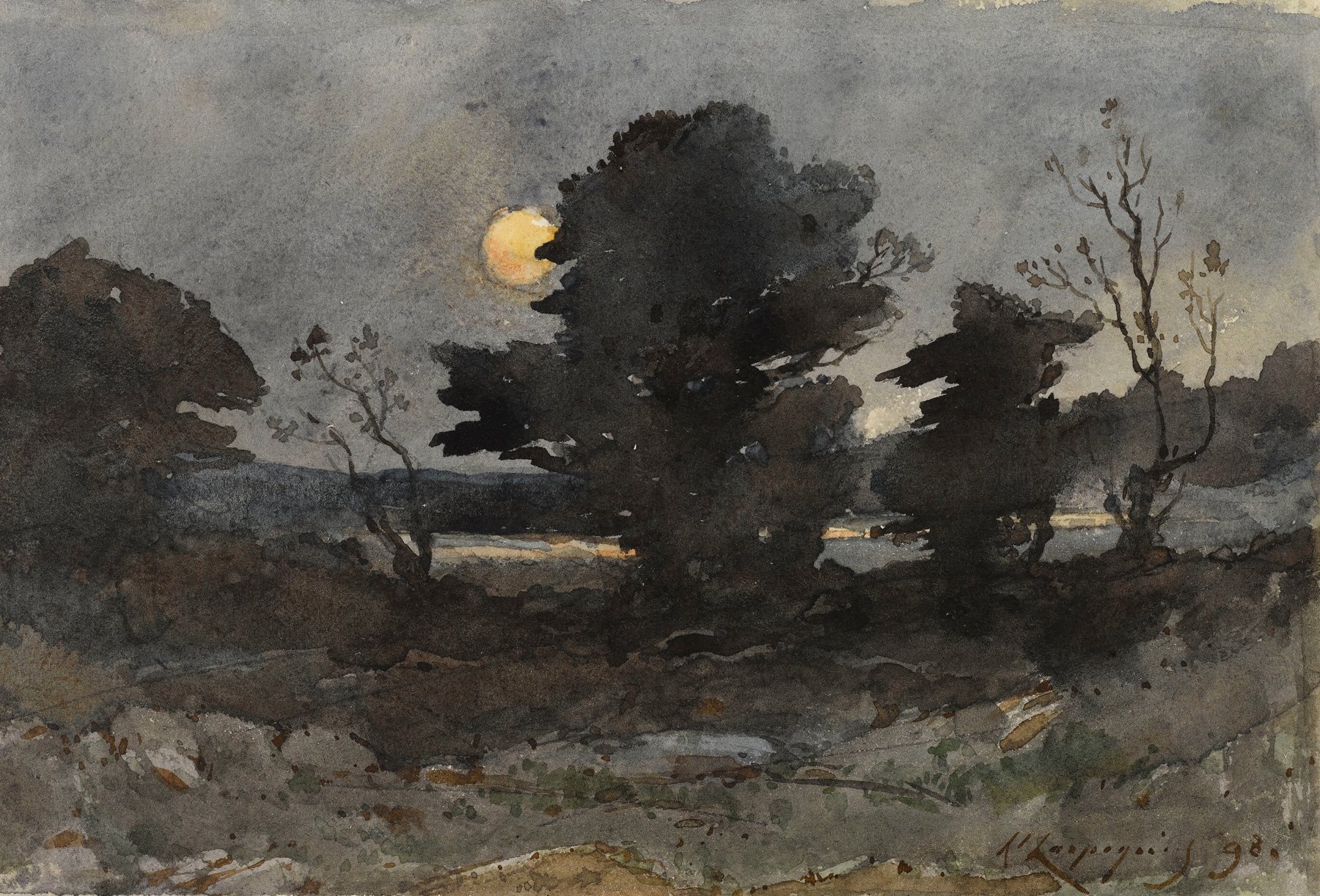 Clair de lune by Henri-Joseph Harpignies, impressionism, depicting twilight reflections on water.