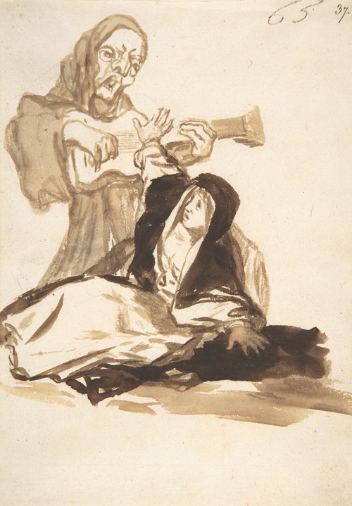 A nun appears frightened as a ghost plays a guitar in a dimly lit setting.