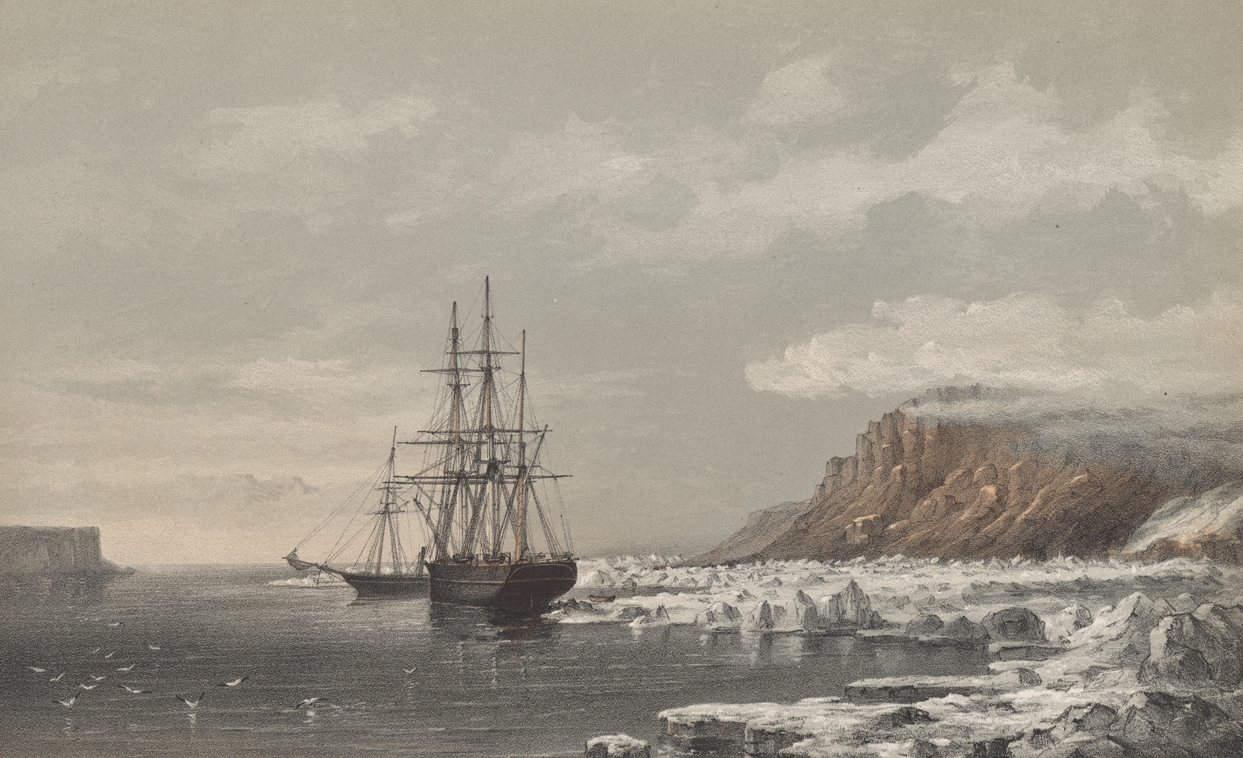 H.M.S. Assistance and Pioneer fast to the Floe, oil on canvas by Walter William May