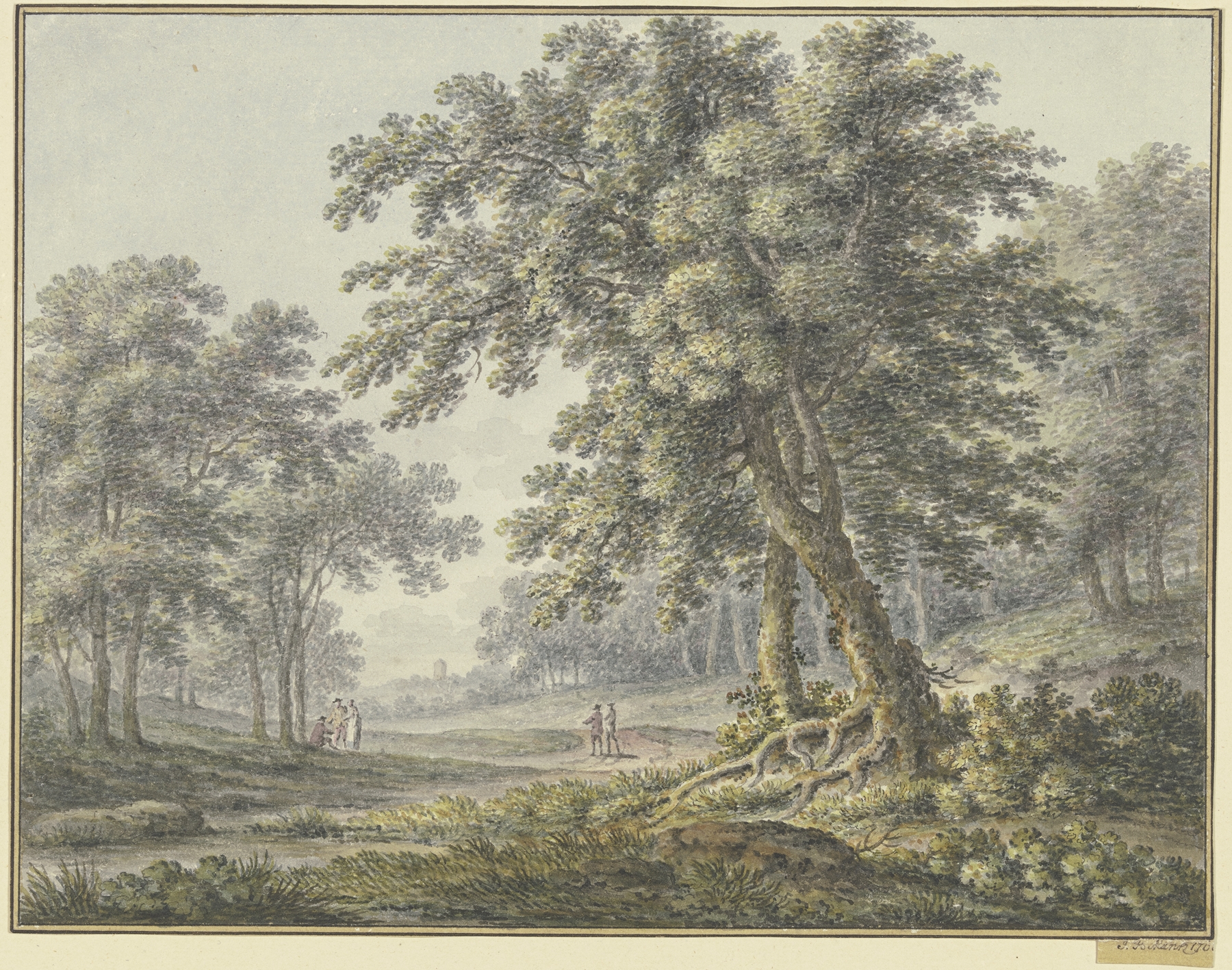 Waldpartie mit zwei Figurengruppen by Johann Heinrich Müntz, oil on canvas depicting figures in a forest.
