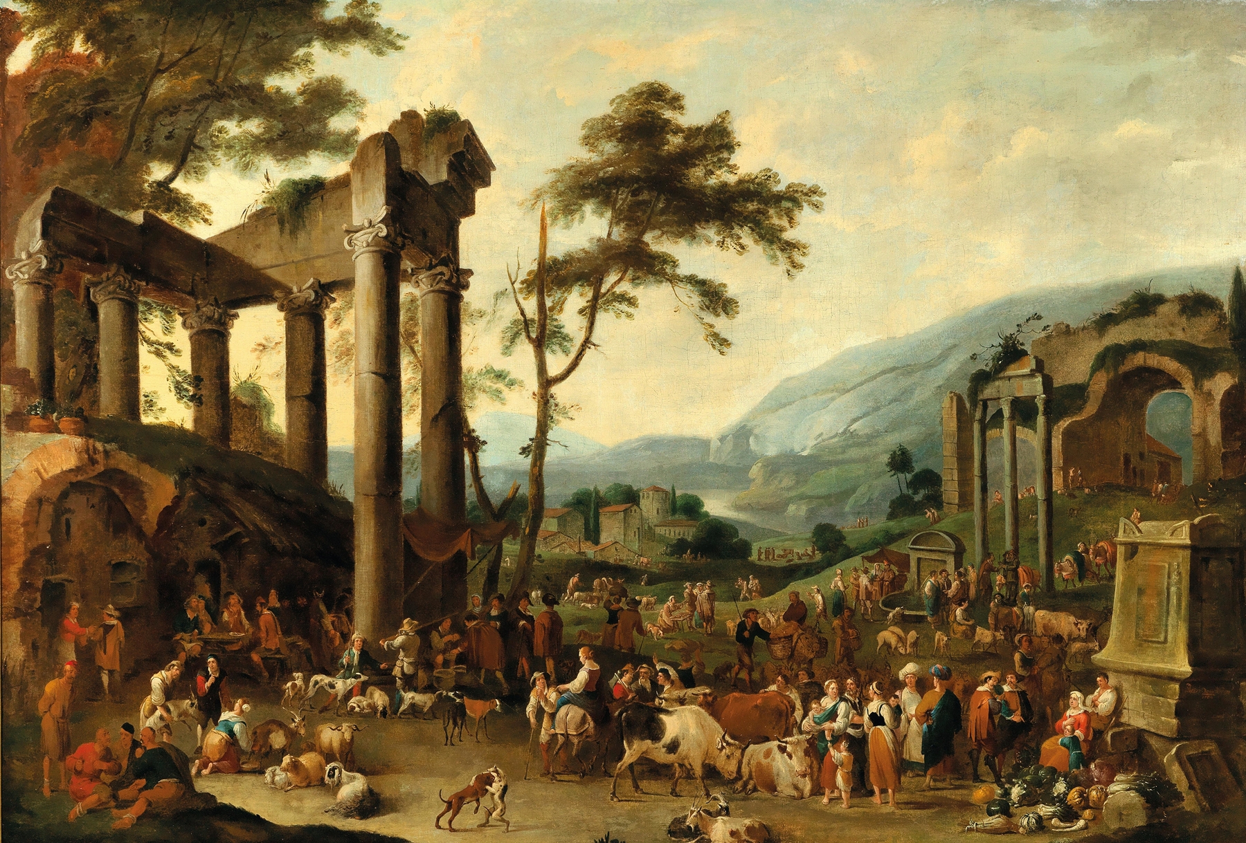 An Italianate landscape with a market scene by Peeter van Bredael, oil painting
