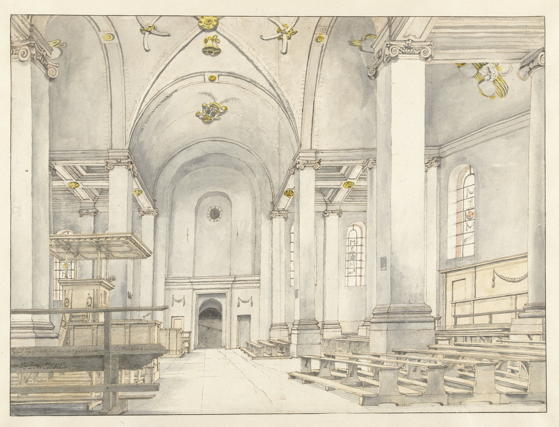 View of the Nave of the Nieuwe Kerk, Haarlem, Looking West, by Pieter Jansz Saenredam, public domain