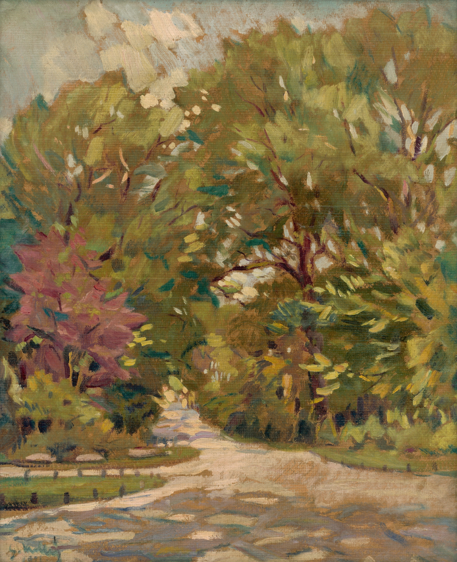 Spring in Petržalka by Gustáv Mallý, impressionist landscape with blooming trees and vibrant colors.