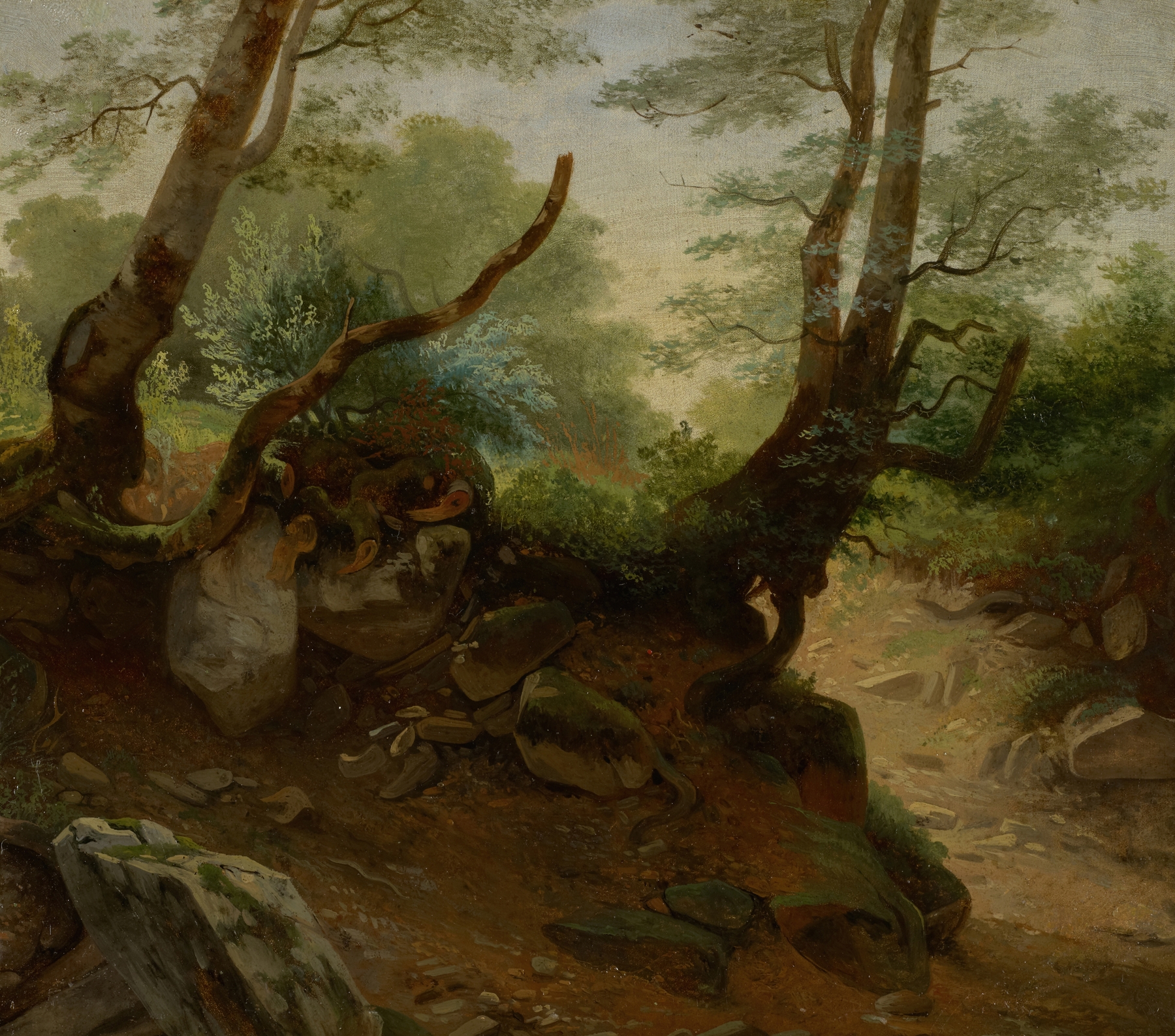 Forest Corner by Jean-Antoine Linck, oil on canvas depicting lush green foliage and sunlight.