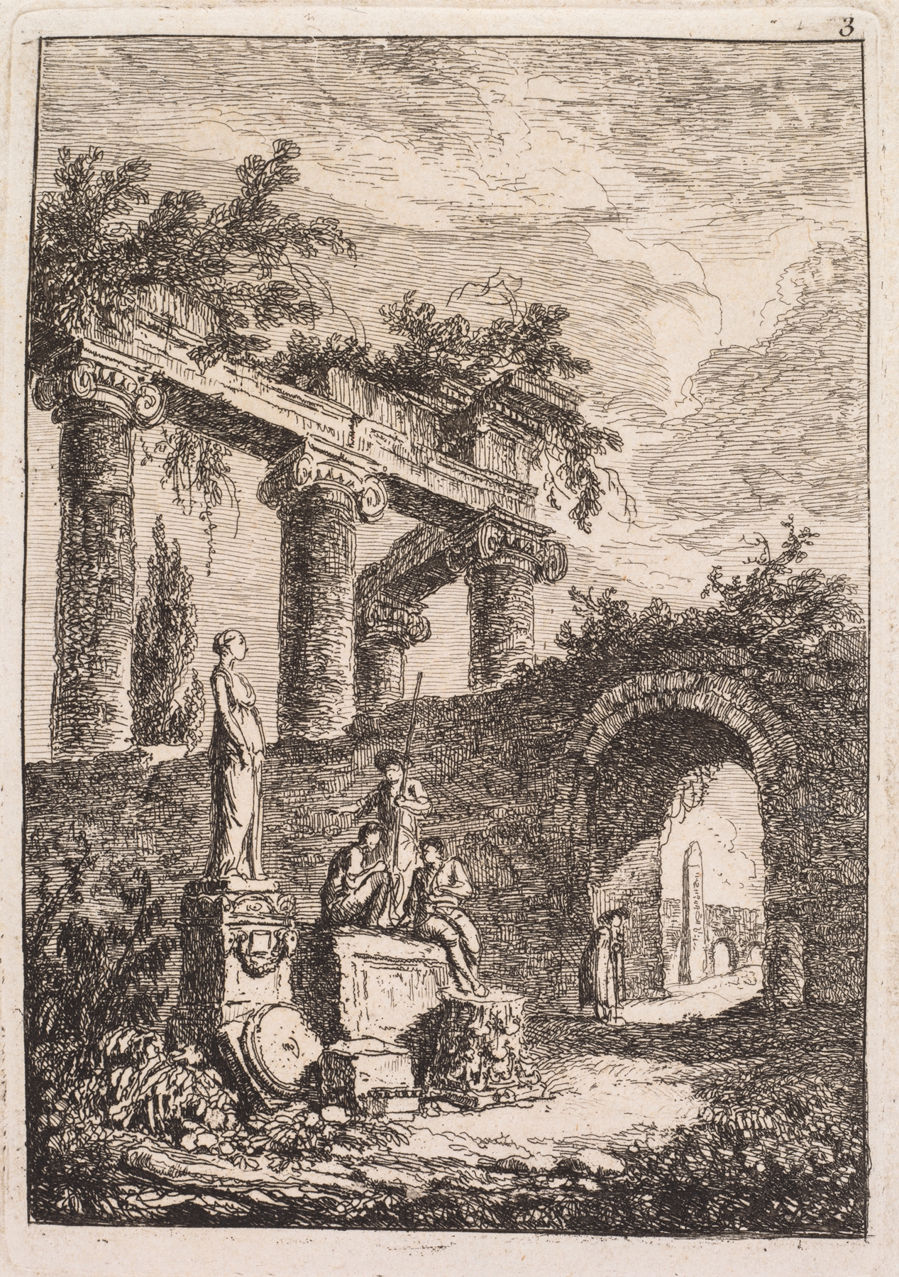 Rococo oil painting by Hubert Robert featuring a statue among ruins