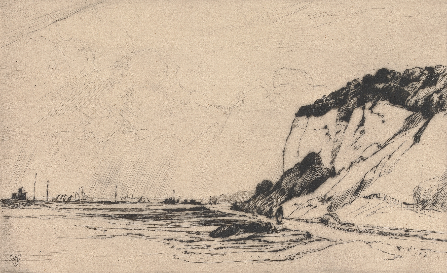Engraving of The Coast Road, Kingsdown, No.2 by Sir Frank Short, depicting a tranquil coastline.