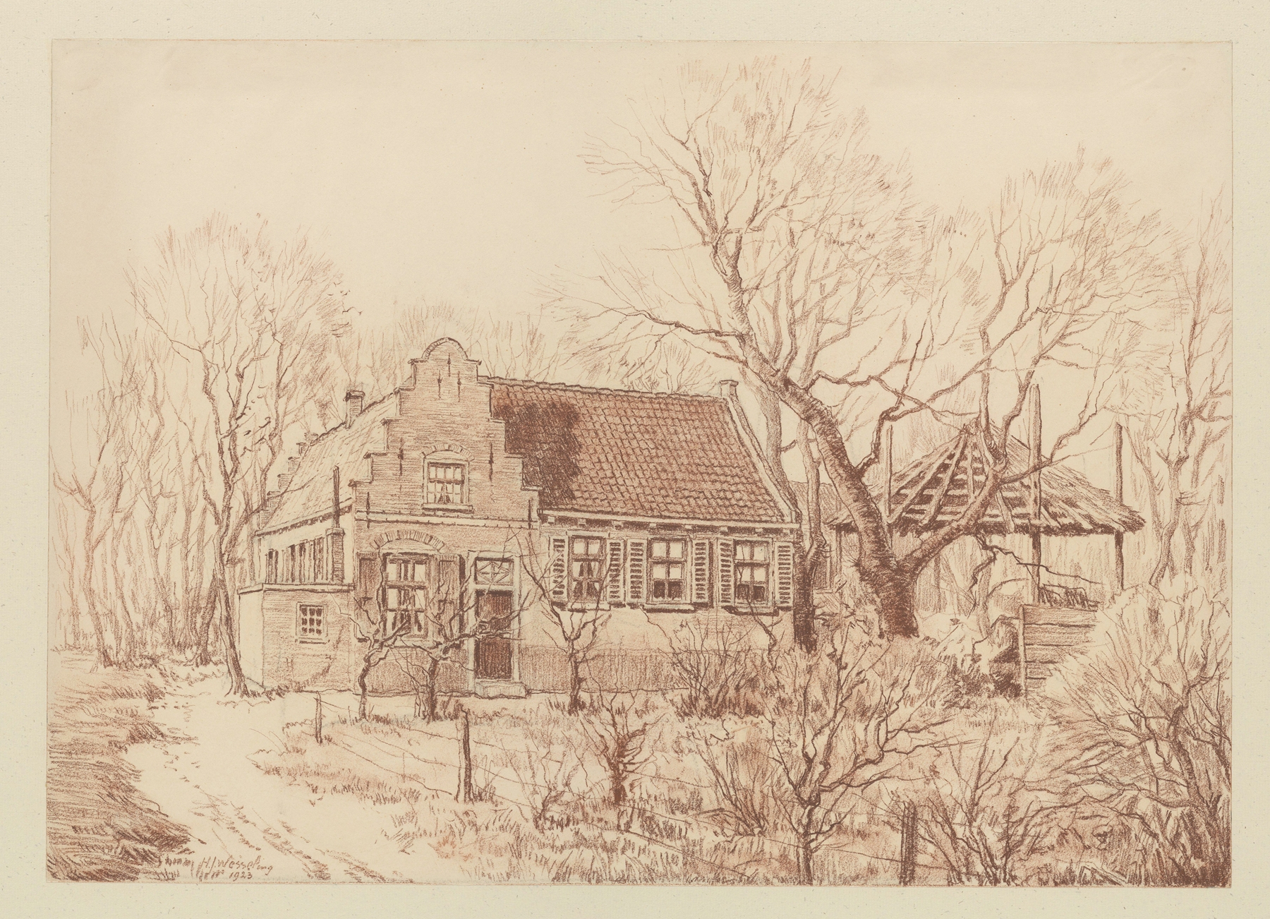 Landscape of a farmhouse in a green pasture, oil painting by Hendrik Jan Wesseling