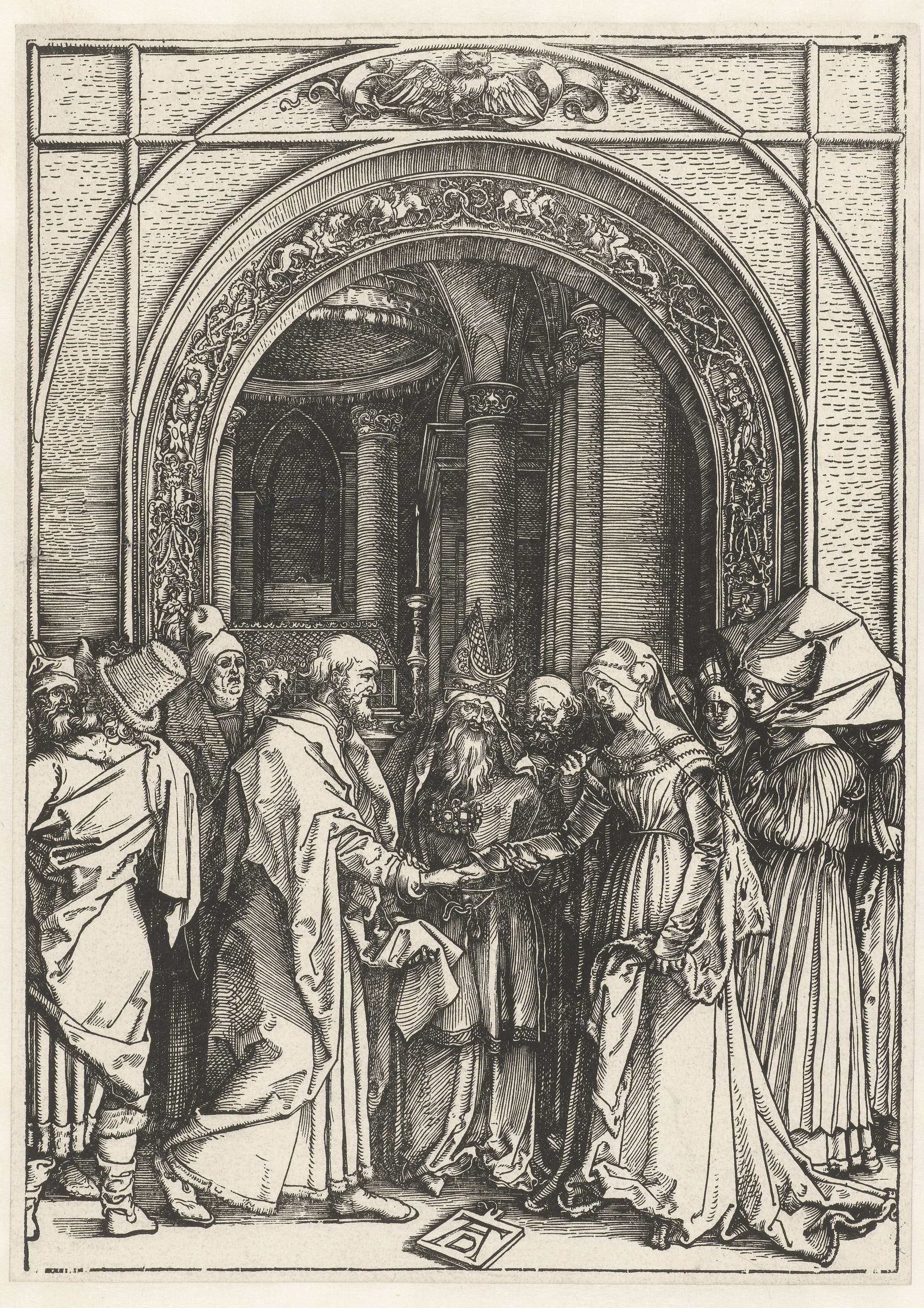 Huwelijk van Maria, paper artwork by Albrecht Dürer depicting Mary and Joseph.