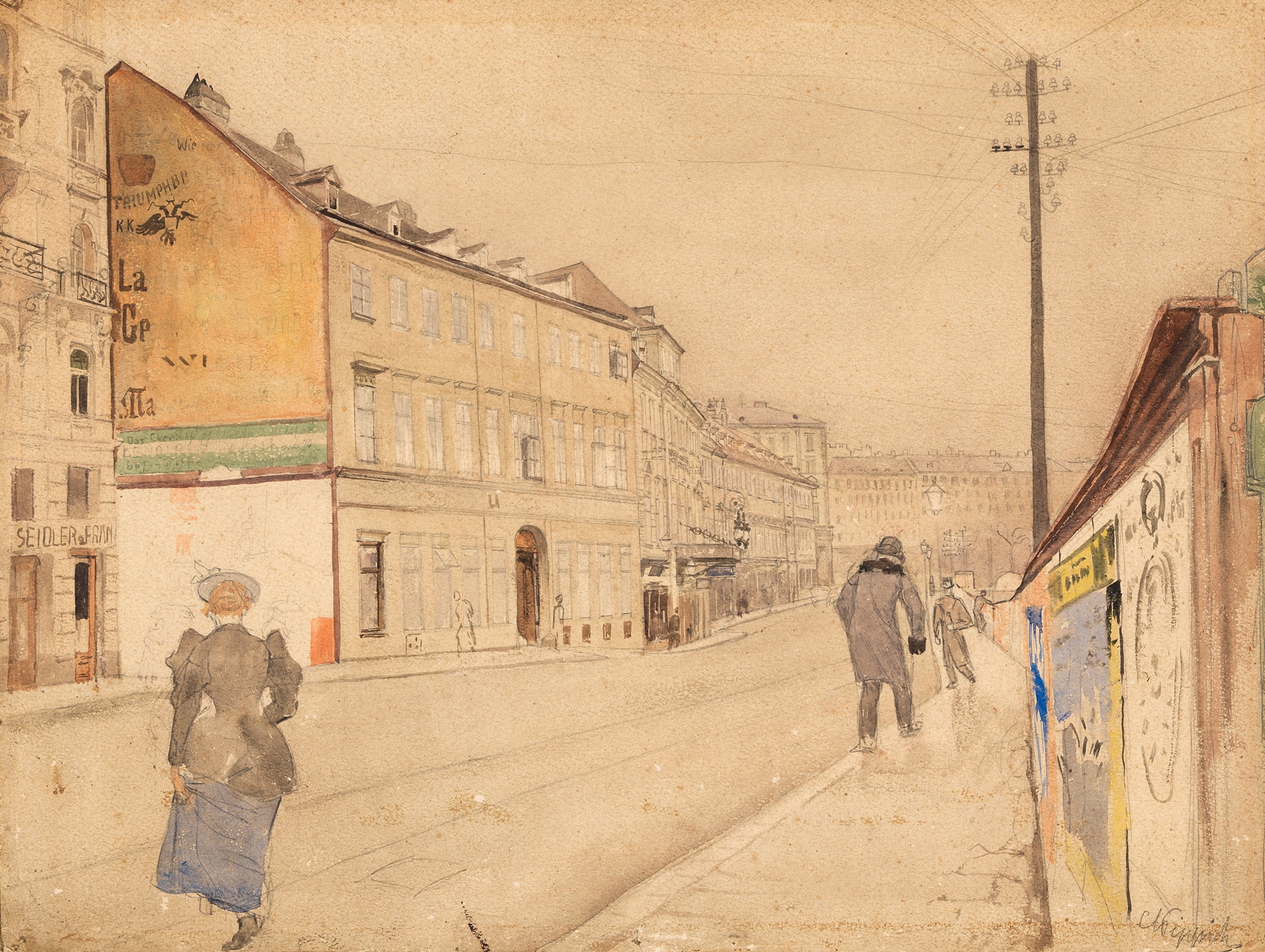 Theater a. d. Wien, IV Wienstrasse by Carl Pippich, oil painting depicting a night scene with gaslights.