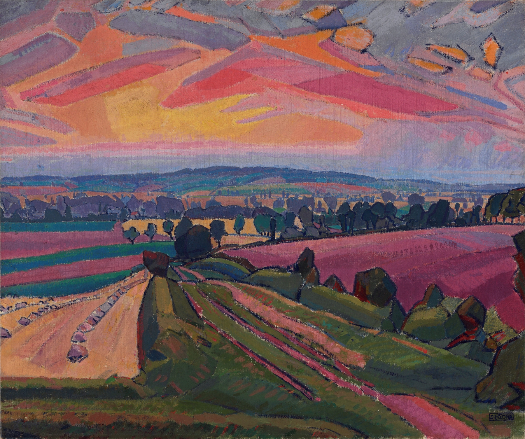 Landscape of rolling fields under a blue sky, oil on canvas by Spencer Frederick Gore