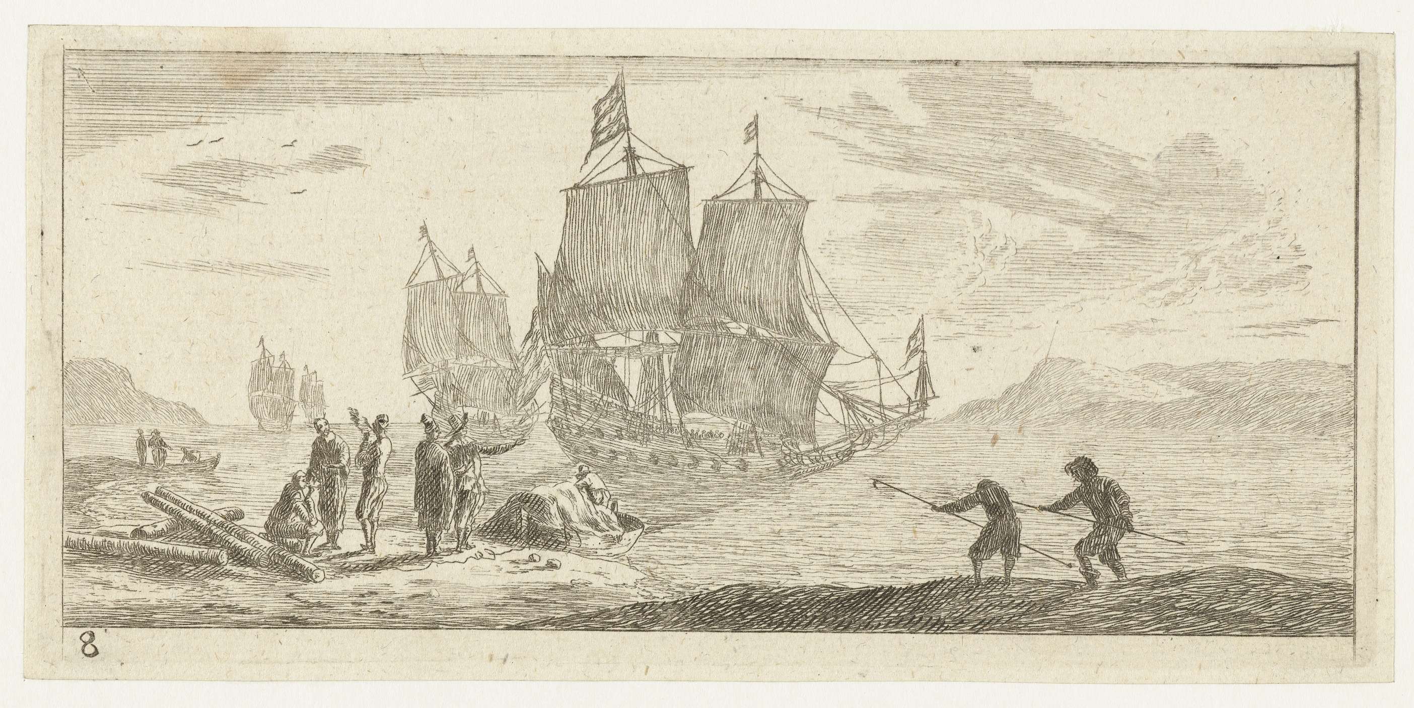Vier grote zeilschepen in een baai by Reinier Nooms, etching depicting sailing ships in a calm bay at sunset