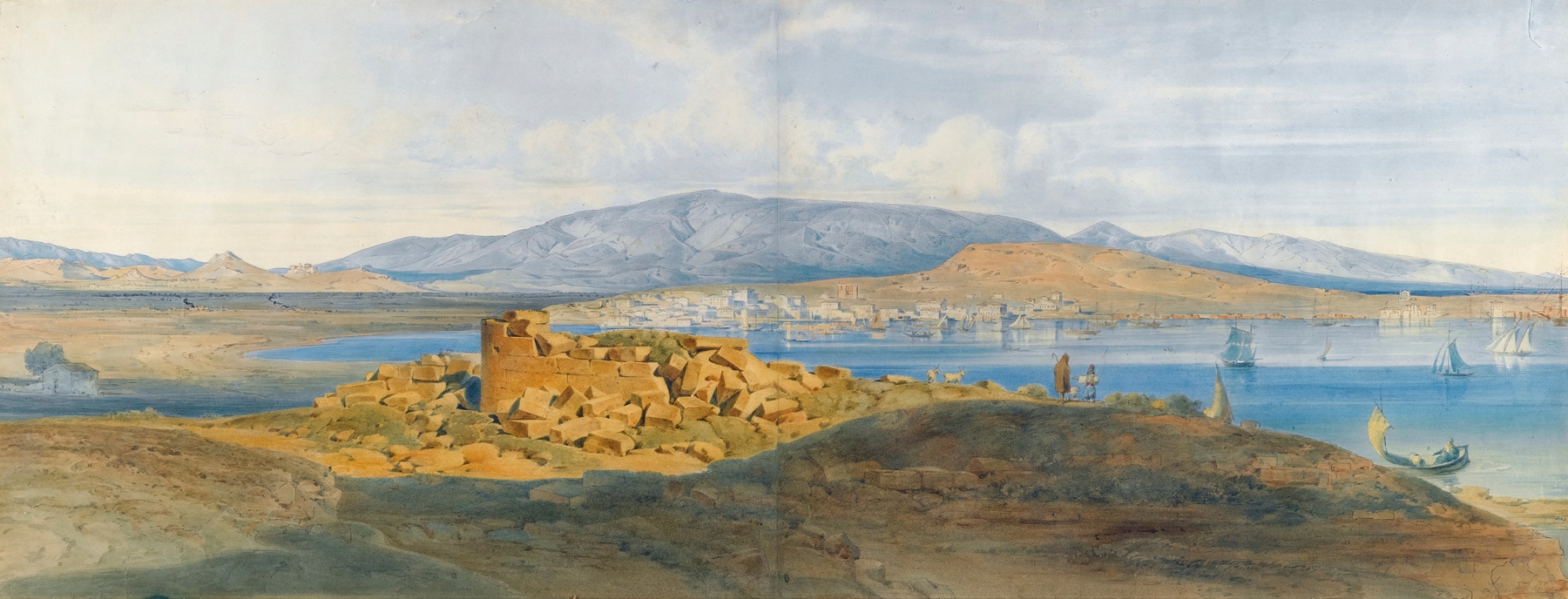 The Harbour Of Piraeus by Ludwig Lange, oil on canvas depicting boats on shimmering water.