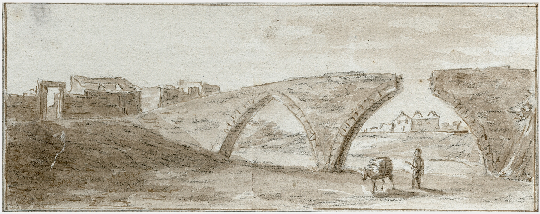 Ruïne van de brug in de Rio Secco by Otto Howen, oil painting depicting a decaying bridge in nature.