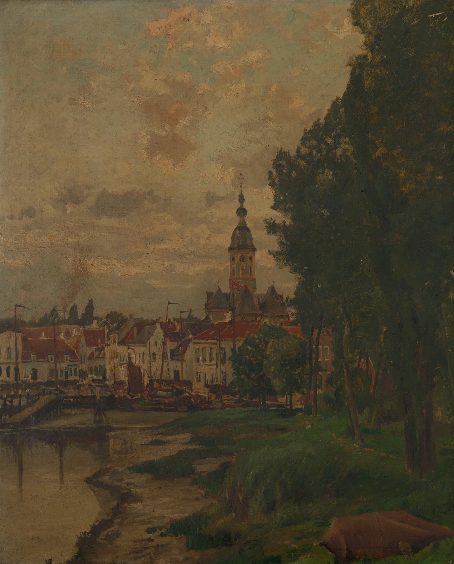 A View of Temse by Henri van der Hecht, oil painting depicting a serene river landscape.