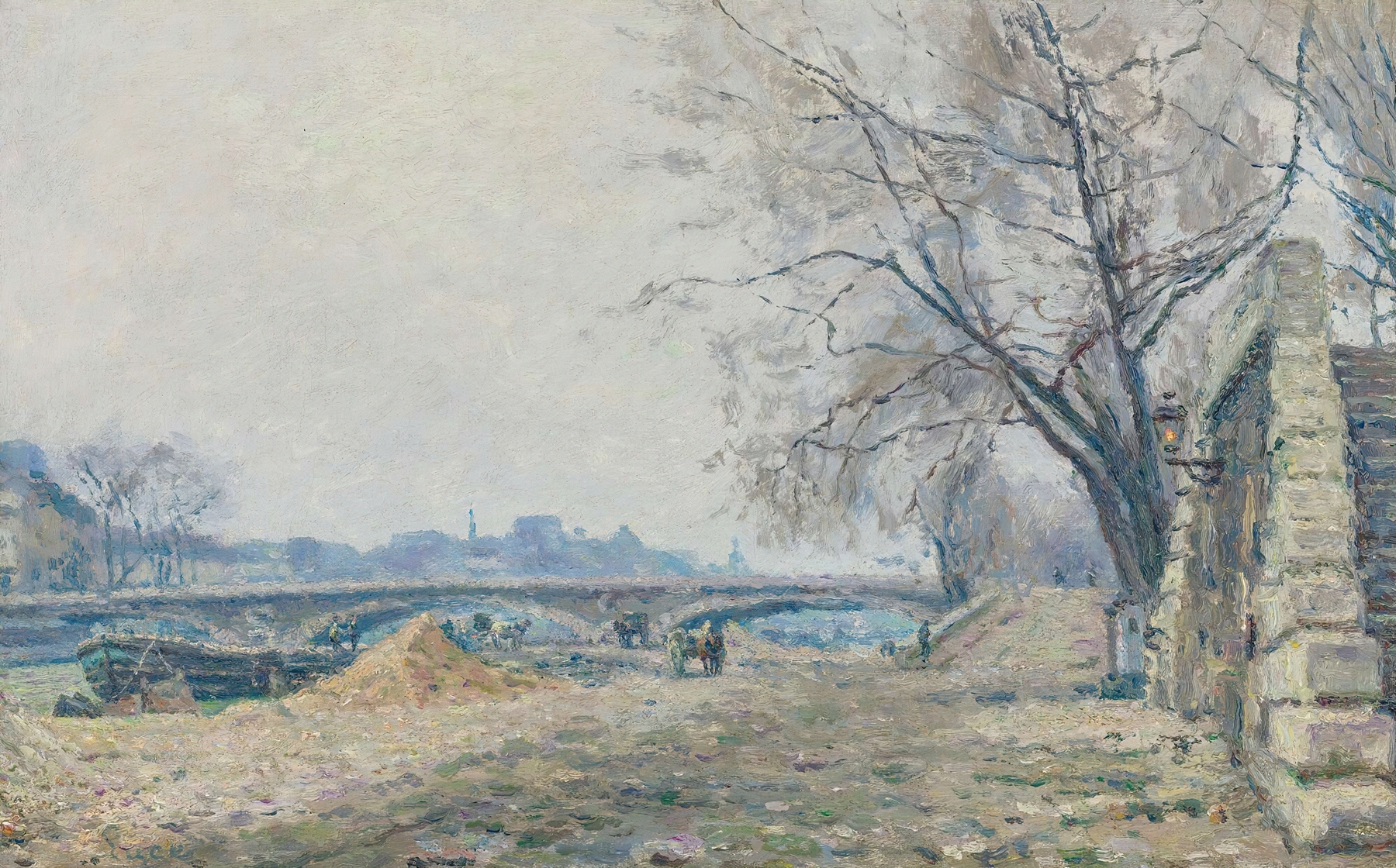 Le Pont De Solférino by Maximilien Luce, oil on canvas, depicting a tranquil river scene with trees and sunlight.