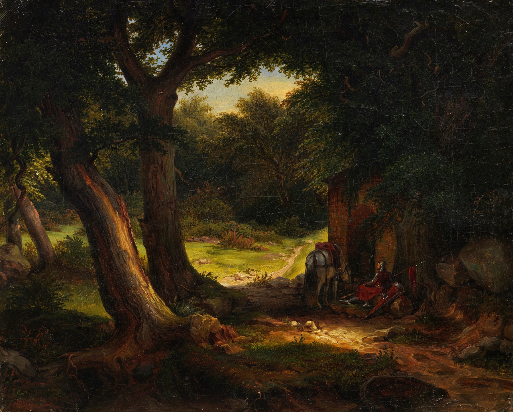 Eichenwald mit einem am Brunnen rastenden Kreuzritter, oil on canvas by Karl Friedrich Lessing