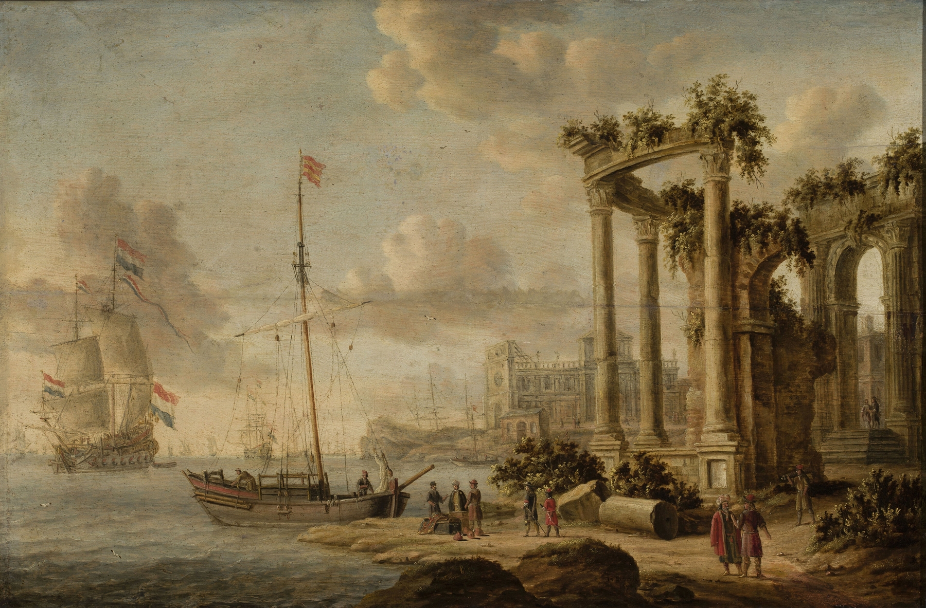 Seaside landscape with ancient ruins on the coast by Jacobus Storck, oil painting