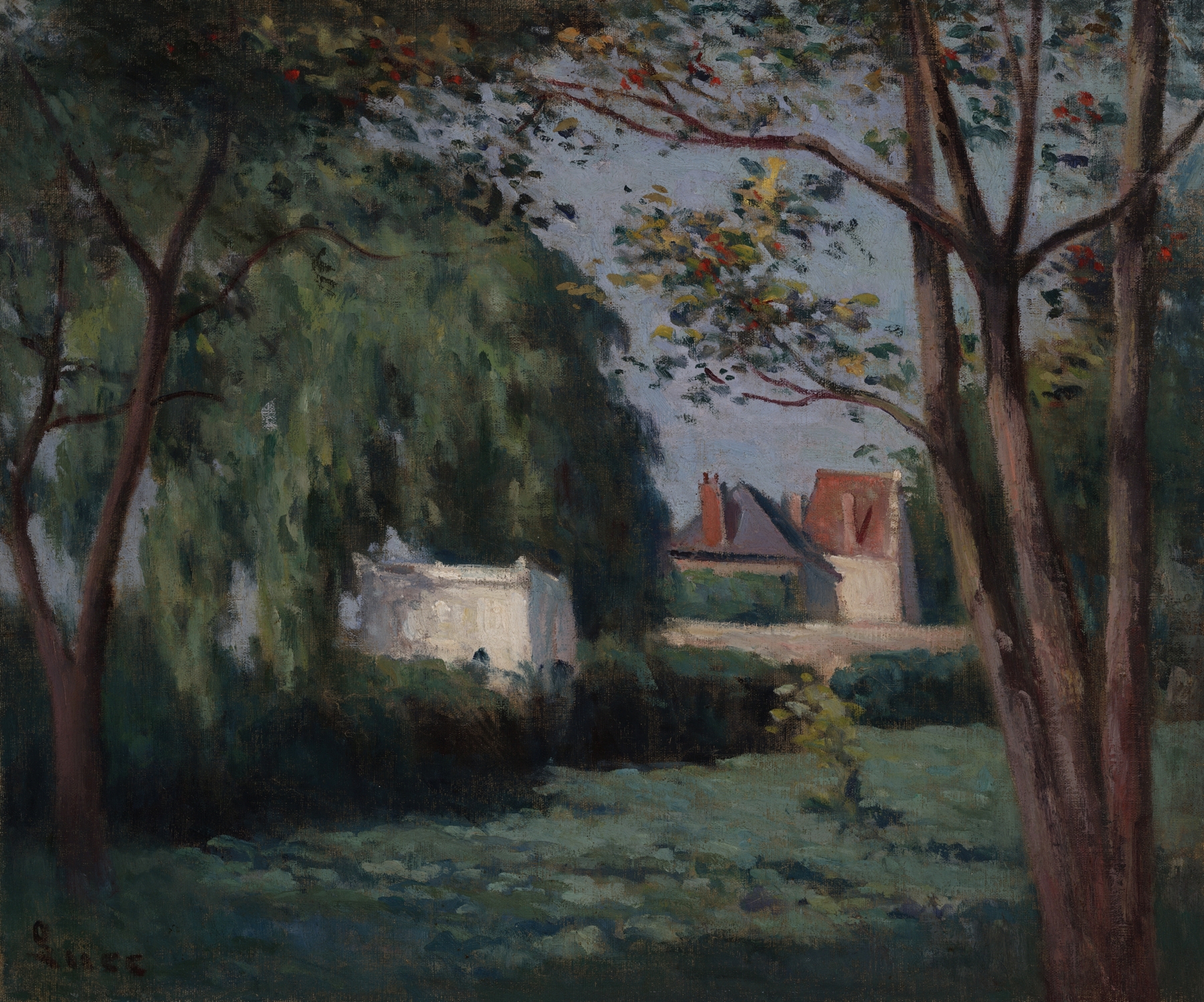 Country scene with three houses and trees, oil on canvas by Maximilien Luce