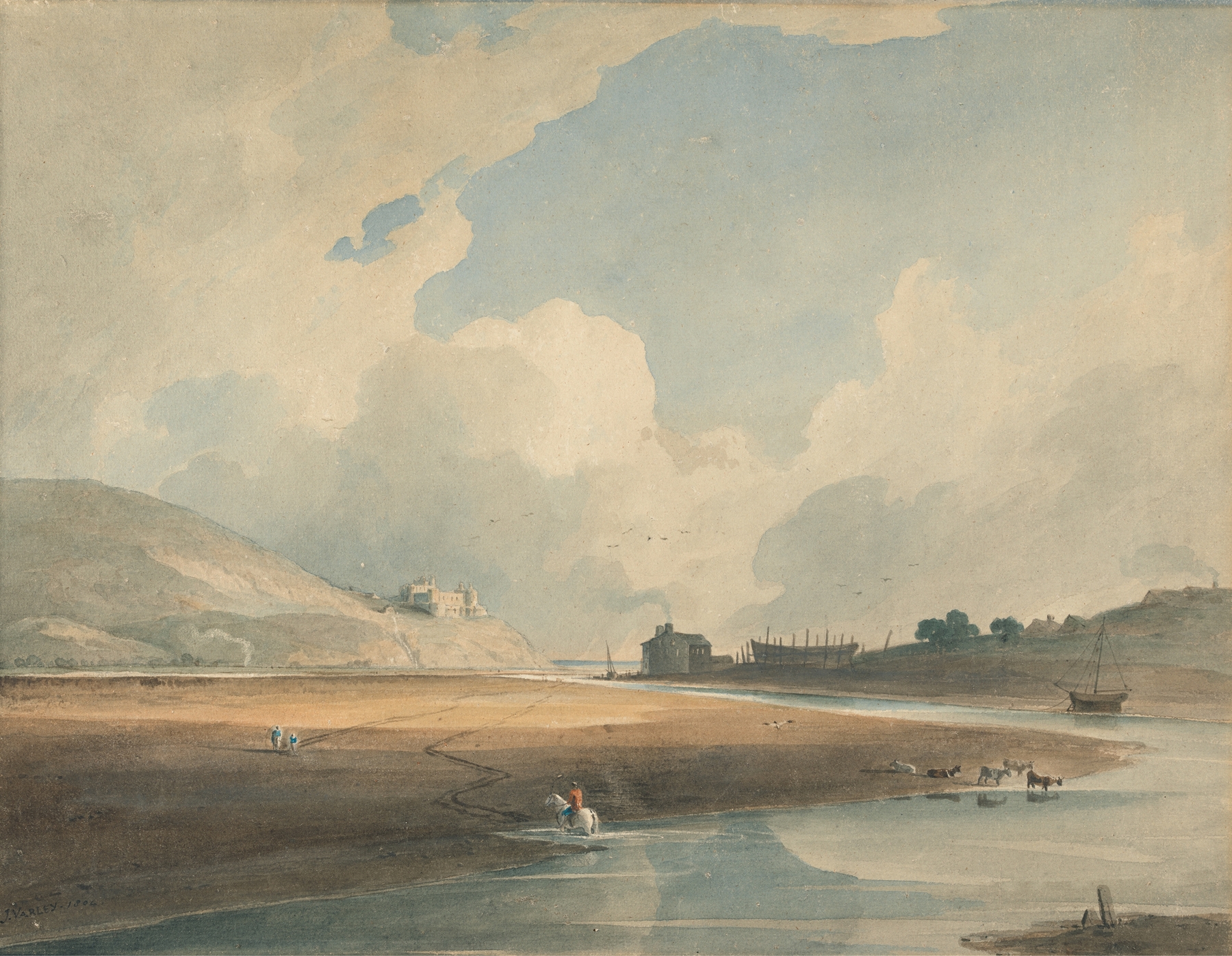 Harlech Castle and Twgwyn Ferry, watercolor on paper by John Varley, featuring a ferry on tranquil waters.