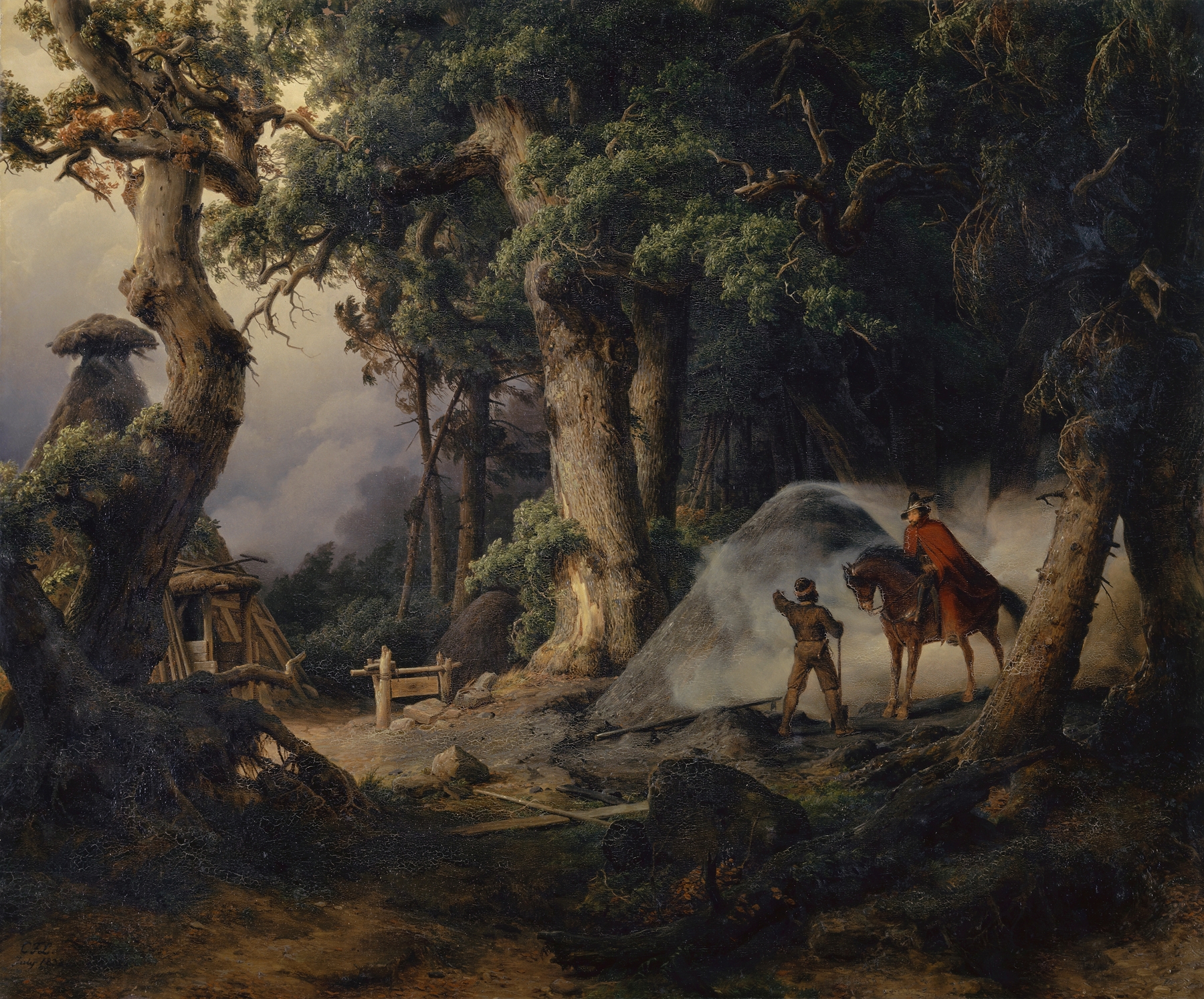 Charcoal kiln in an oak tree forest, oil on canvas by Karl Friedrich Lessing
