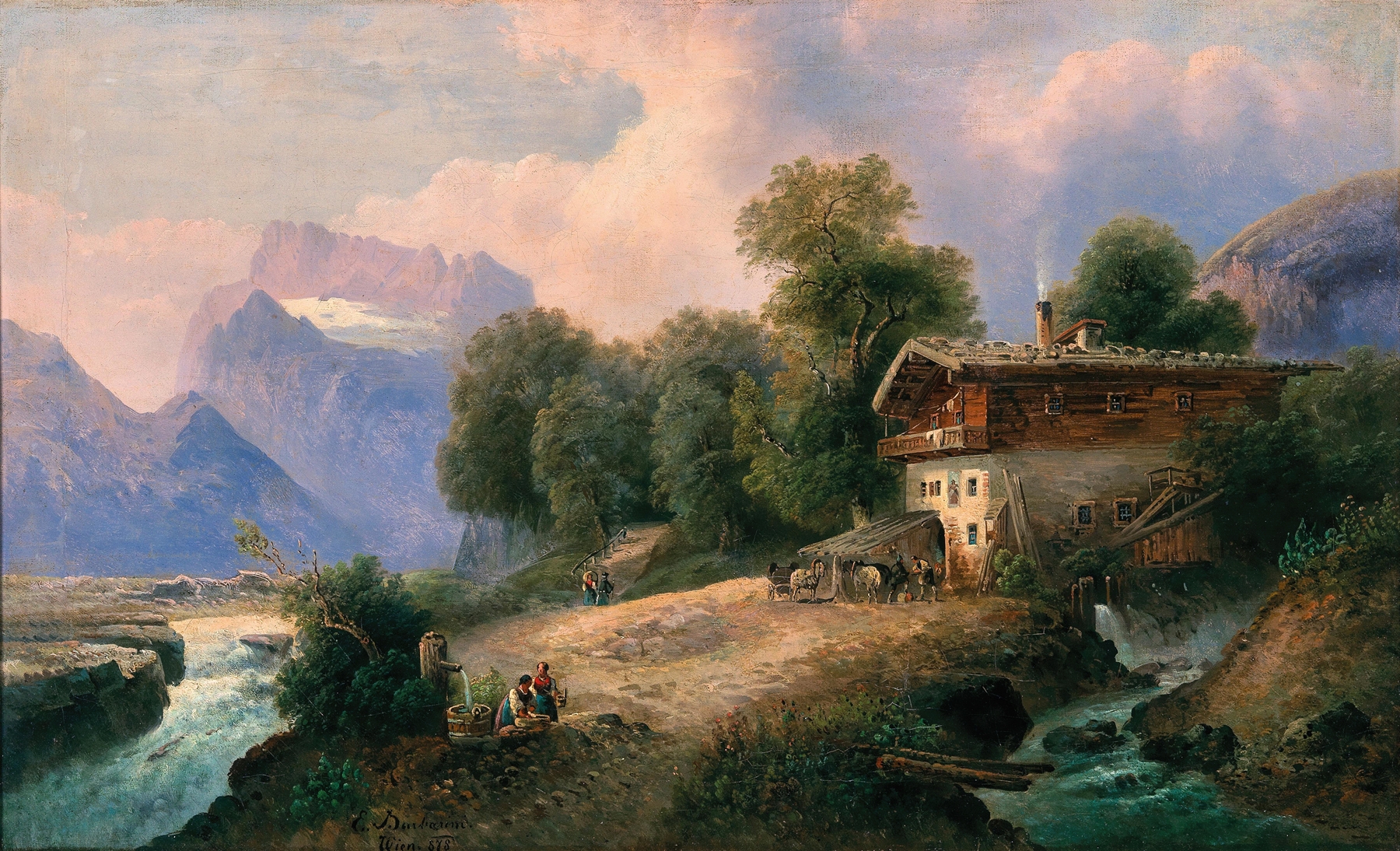 A Scene in Berchtesgaden by Emil Barbarini, oil on canvas depicting mountains and trees.