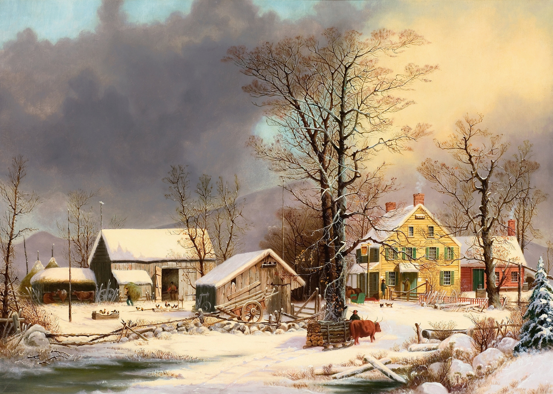 Winter landscape with a cabin and snow, by George Henry Durrie, oil painting