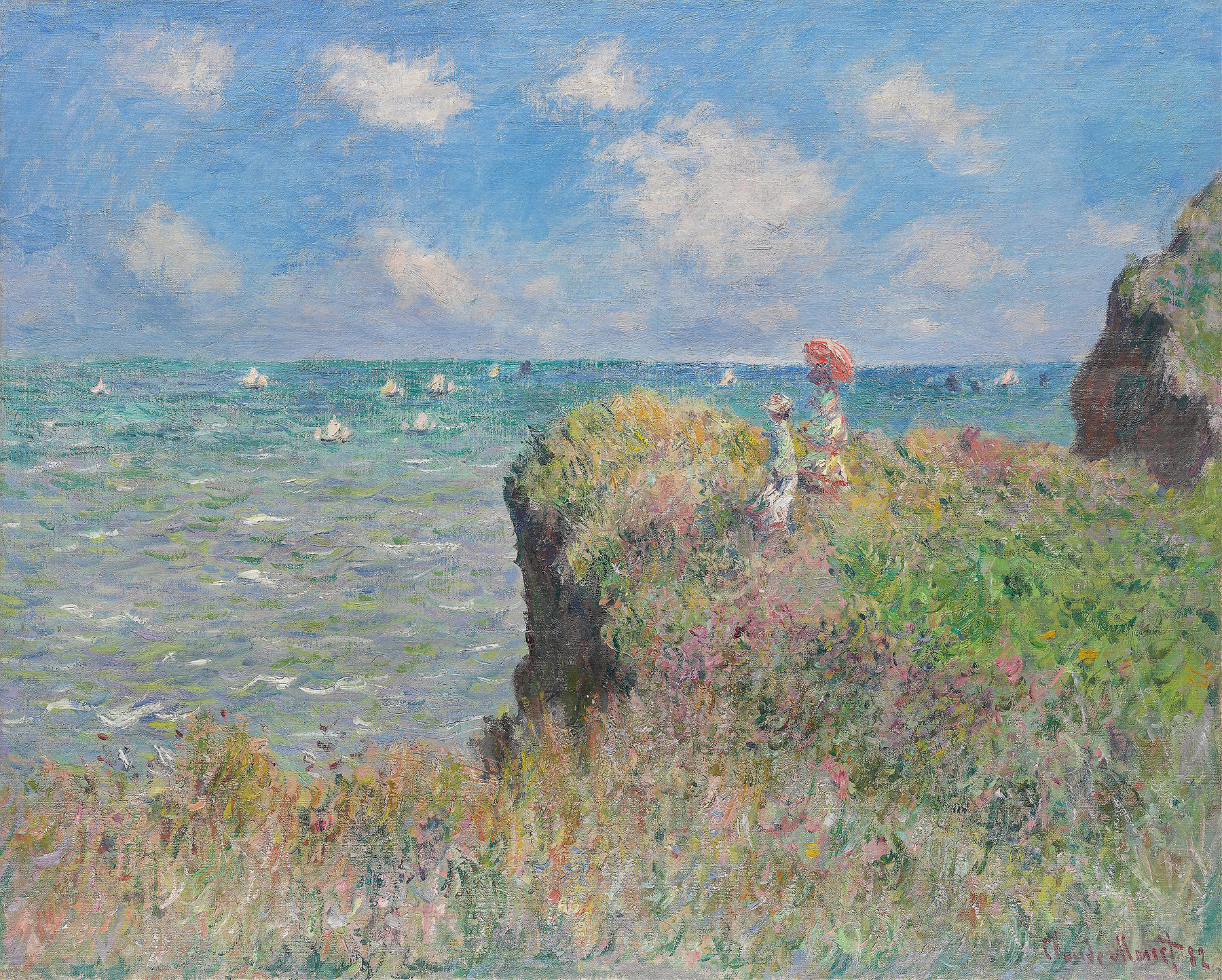 Cliff Walk at Pourville, oil on canvas by Claude Monet, featuring women by the sea.