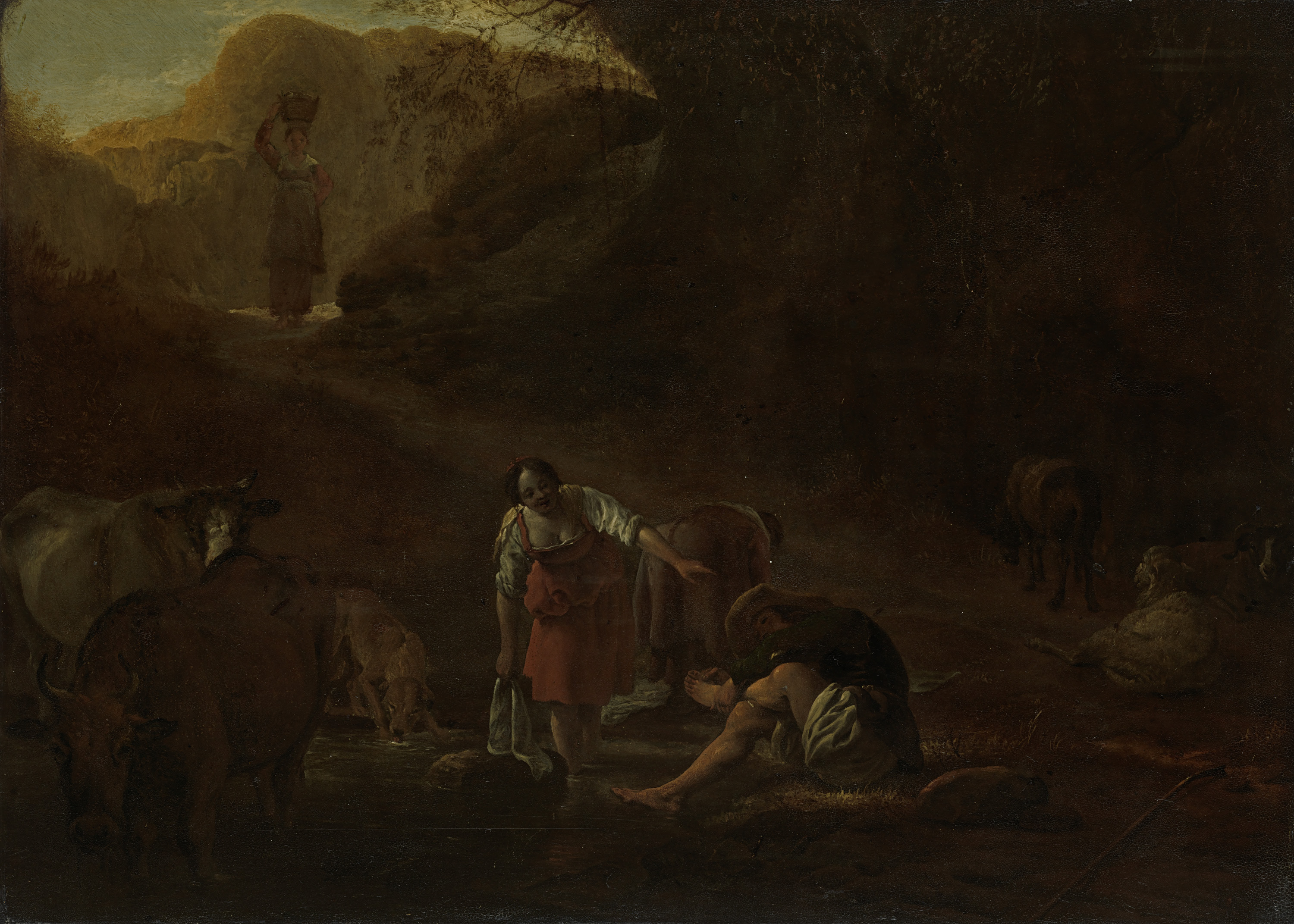 A shepherd and washerwomen at a spring, oil on copper by Pieter Bodding van Laer