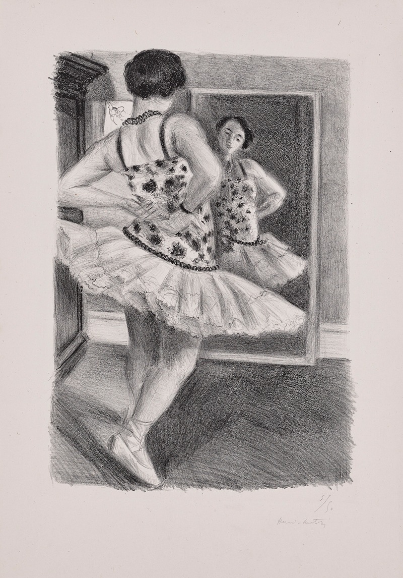 A dancer's reflection in a mirror captures movement and color in this vibrant artwork.