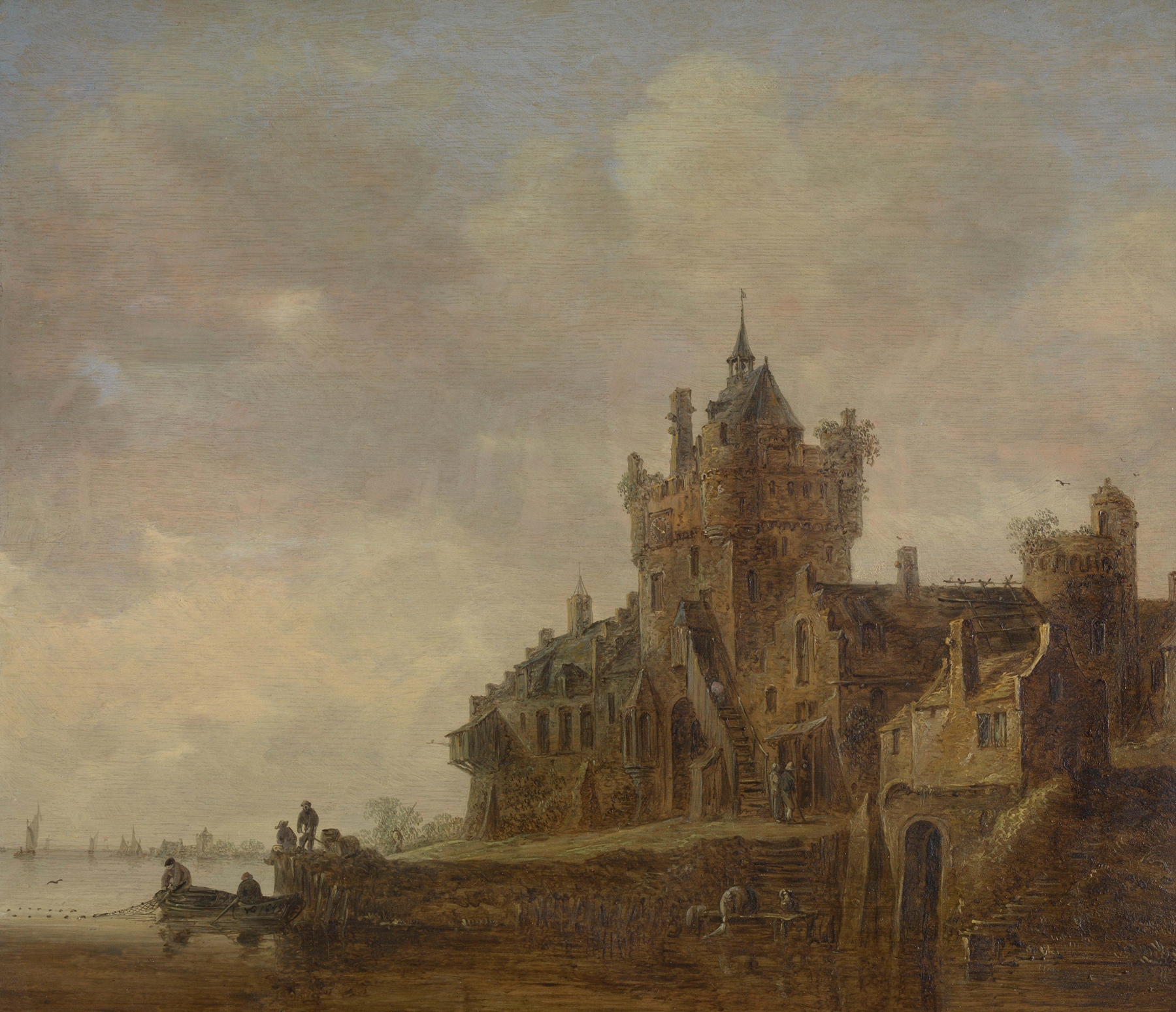 Old Castle Gate in Nijmegen by Jan van Goyen, oil painting depicting a stone gate and cobblestone path.