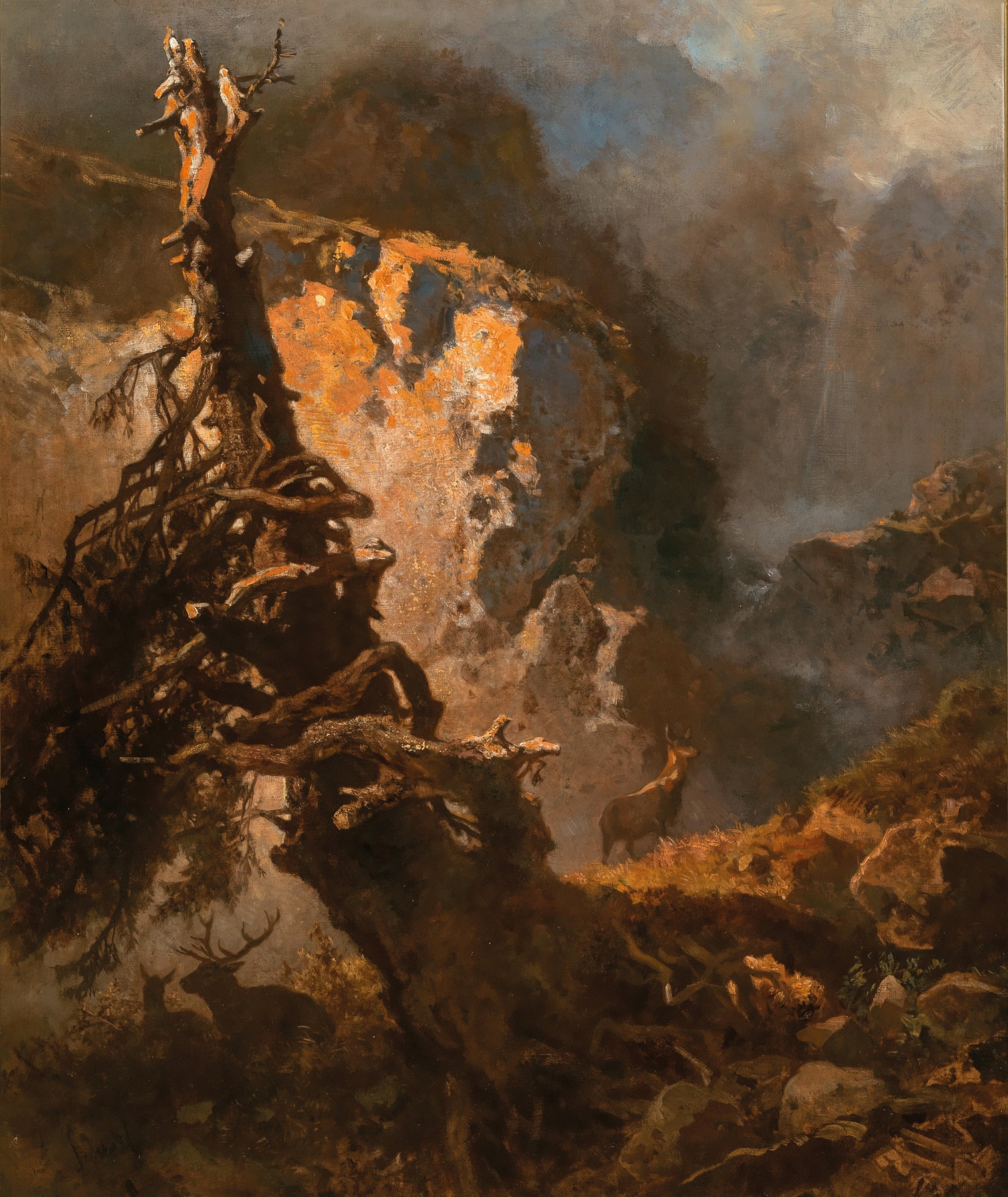 Chamois High in the Mountains by Anton Schrödl, oil painting featuring a chamois on a cliffside.